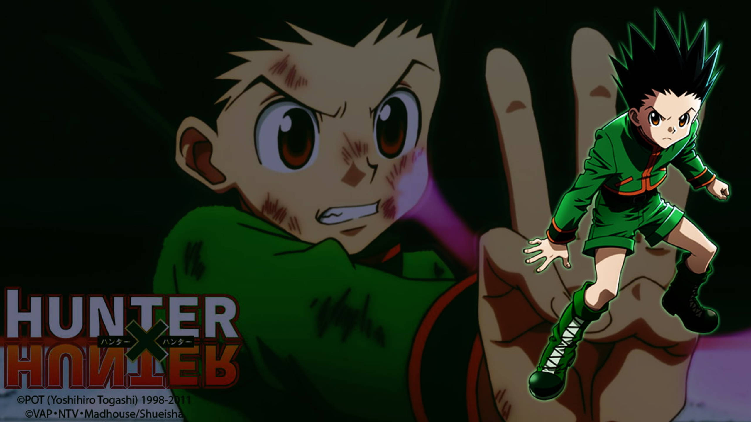 Gon 桌布 壁紙 — 一個堅定的年輕動漫男孩穿著綠色服裝站在一隻巨手上，背後是他專注臉部的特寫。