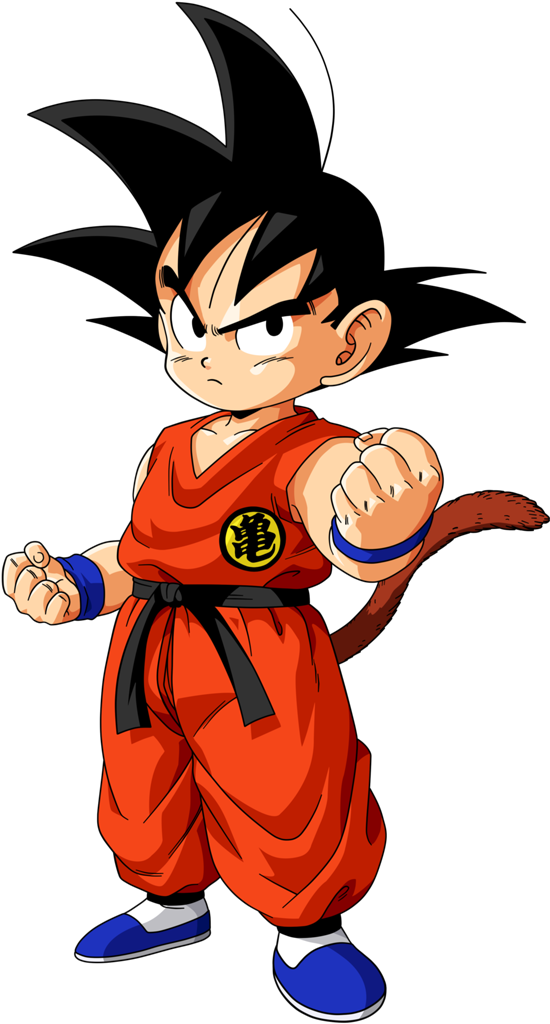 kid goku 桌布 壁紙 — 一個堅定的年輕悟空穿著他標誌性的橙色道服，準備在黑色背景前戰鬥。