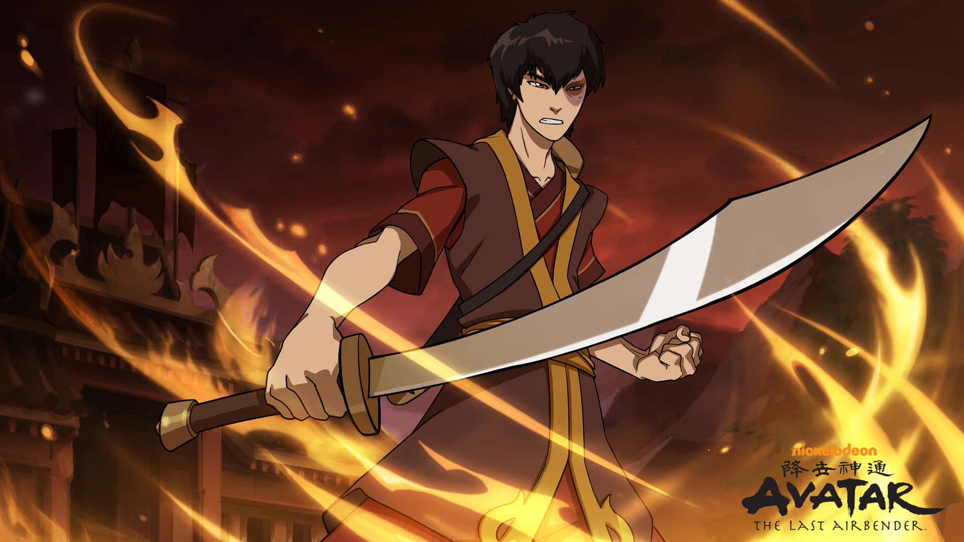 動漫角色在寺廟環境中手持劍，被火焰包圍 — Fire Emblem Warriors 壁紙