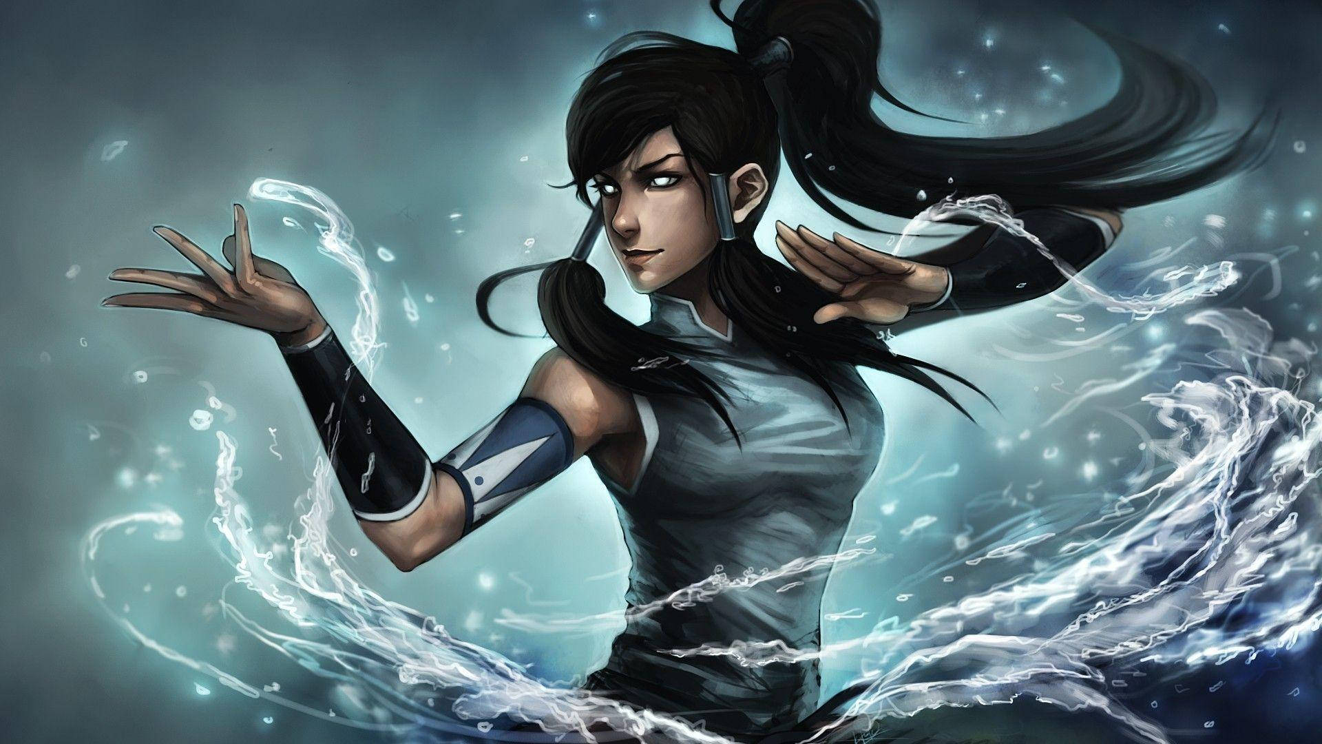 Korra 桌布 壁紙 — 一個堅定的御水師在風暴背景下用專注的雙手操控旋轉的藍色水。