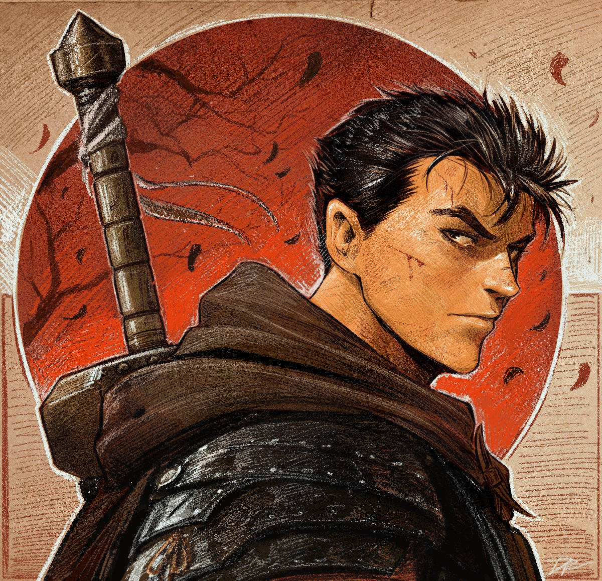 Berserk Guts 桌布 壁紙 — 一個堅定的戰士，背上背著劍，站在一個火紅的圓形背景前，落葉飄零。