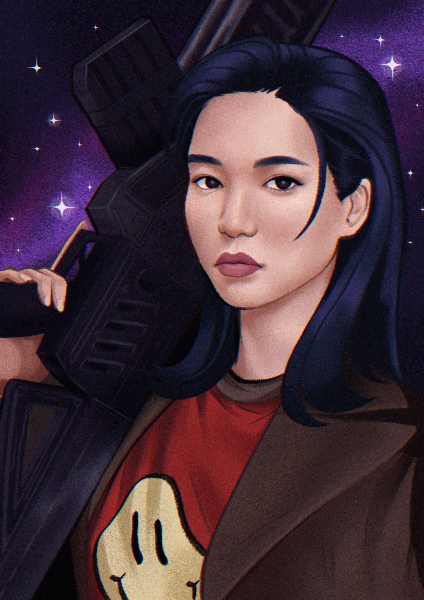 Space Sweepers 桌布 壁紙 — 一個堅定的深色頭髮女人，在繁星點點的紫色夜空下，手持一把未來風格的步槍。