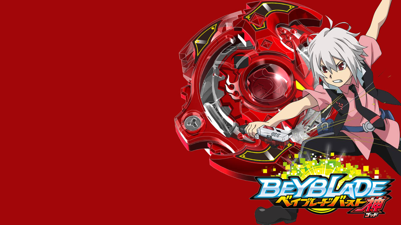 Burst 桌布 壁紙 — 一個堅定的白髮動漫男孩，在純紅色背景上發射發光的紅色Beyblade。