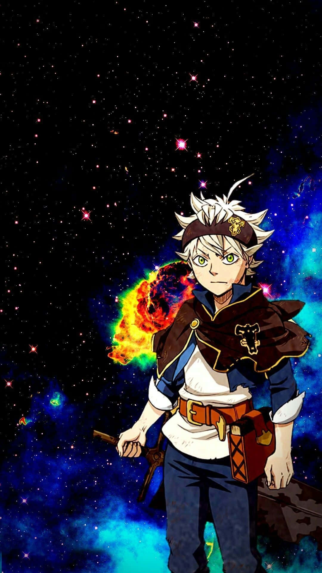 Black Clover Anime 桌布 壁紙 — 一個堅定的白髮動漫男孩站在充滿活力的宇宙星雲中，手持一把劍。