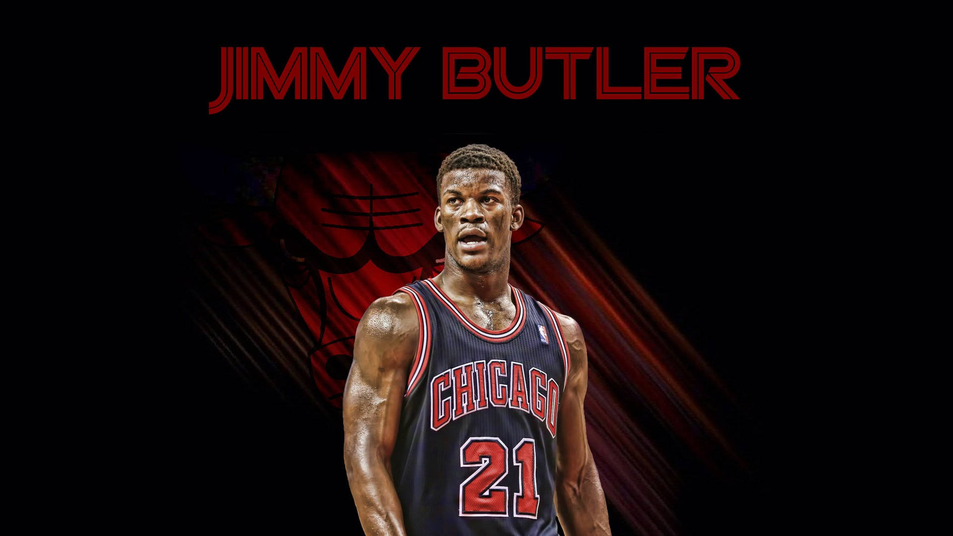 jimmy 桌布 壁紙 — 一個堅定的籃球運動員身穿芝加哥公牛隊球衣，站在帶有紅色條紋的深色背景前，他的名字以粗體紅色文字顯示在上方。