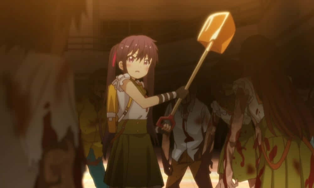 Thriller Anime 桌布 壁紙 — 一個堅定的粉紅色頭髮動漫女孩在昏暗的環境中揮舞著發光的錘子對抗一群血淋淋的殭屍。