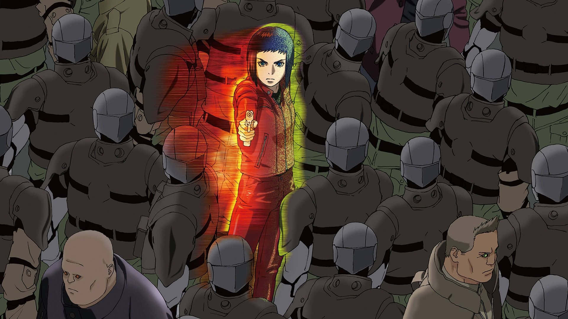 Ghost In The Shell Logicoma 桌布 壁紙 — 一個堅定的紅色動漫女孩挑釁地站著，散發著能量，被裝甲士兵包圍，形成緊張的對峙。