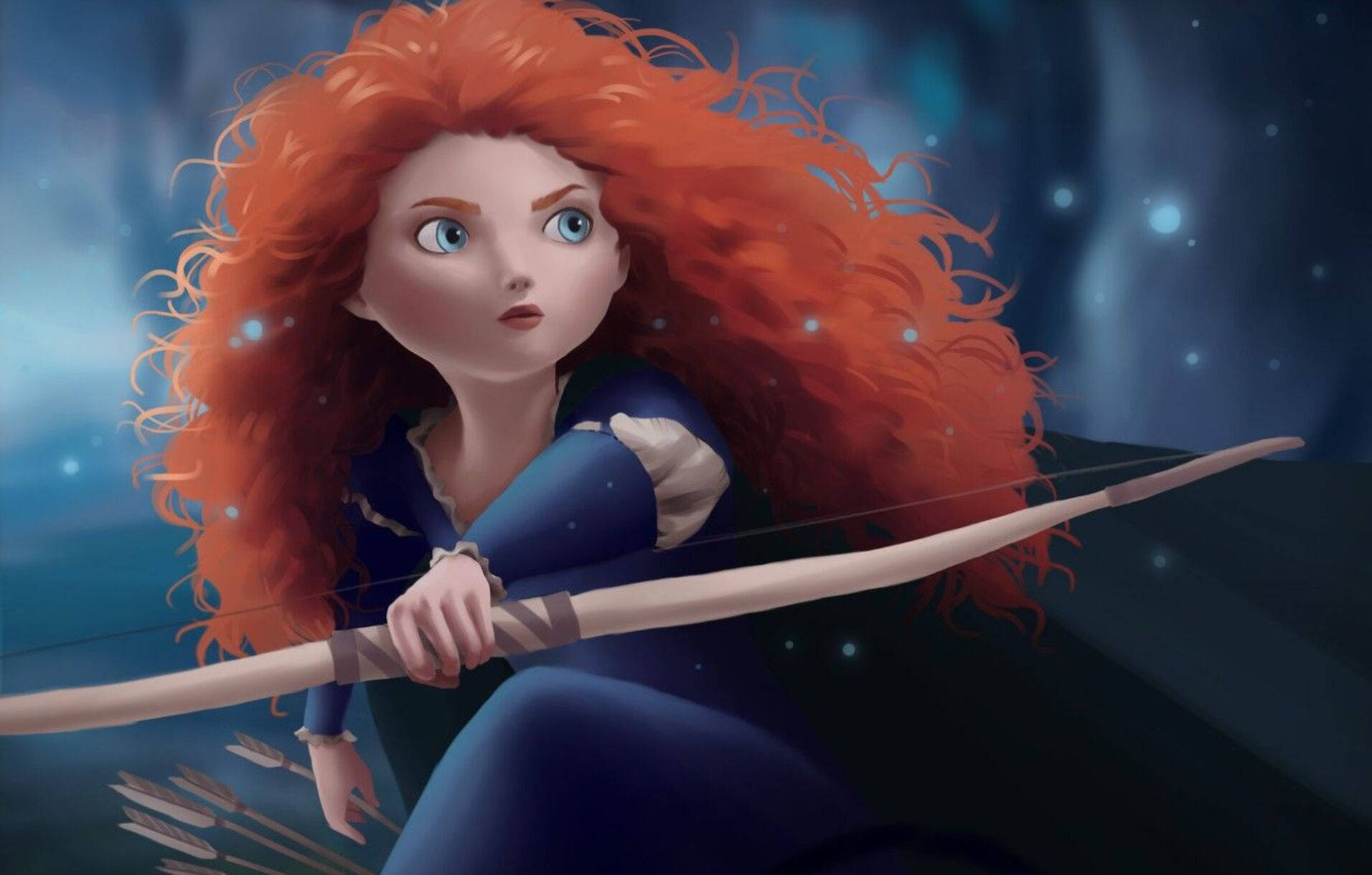 Merida 桌布 壁紙 — 一個堅定的紅髮戰士女孩在暮色中於霧氣瀰漫的藍色森林中拉弓。