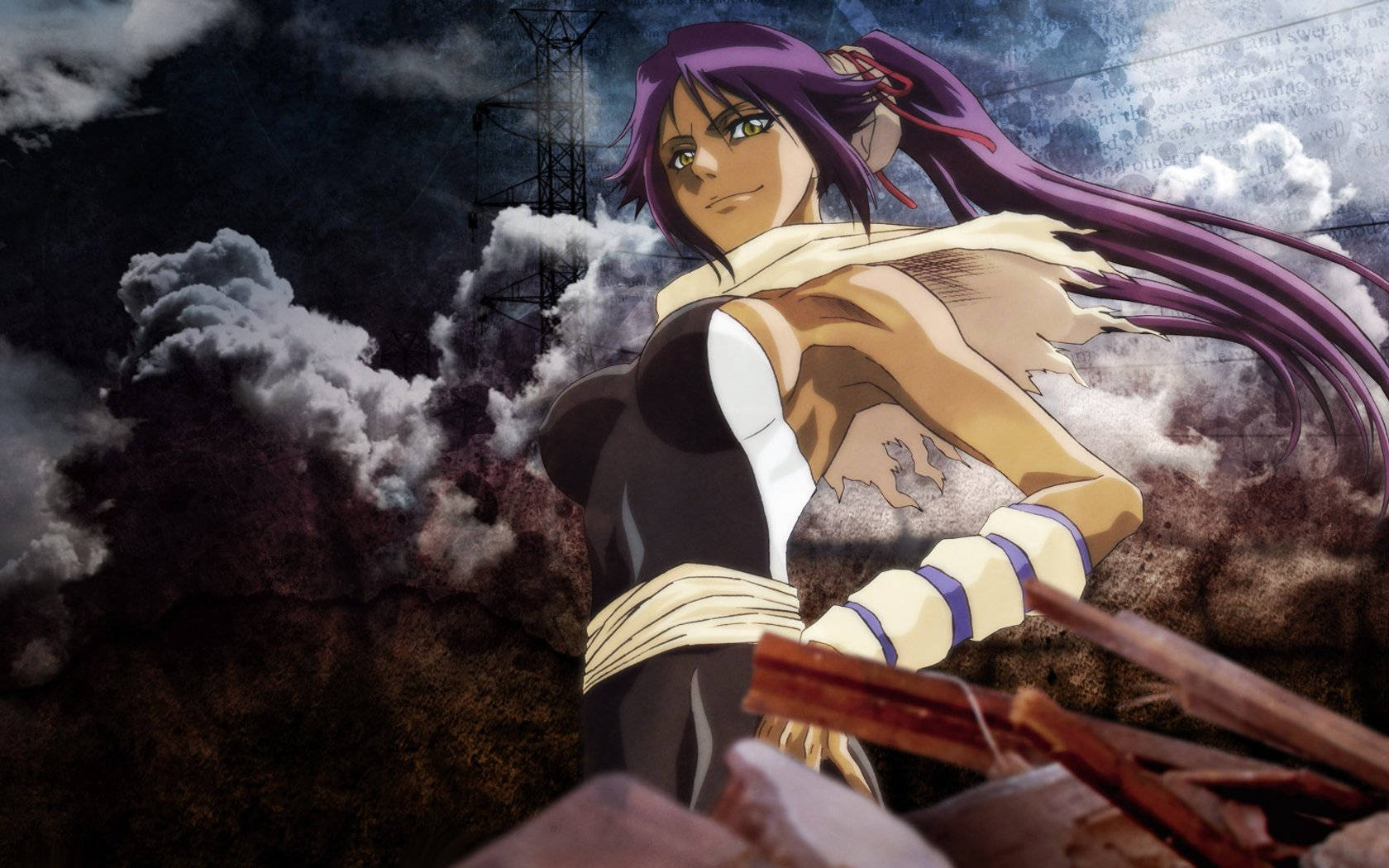 Yoruichi 桌布 壁紙 — 一個堅定的紫髮動漫女孩站在黑暗天空下的暴風雲和破碎瓦礫中。