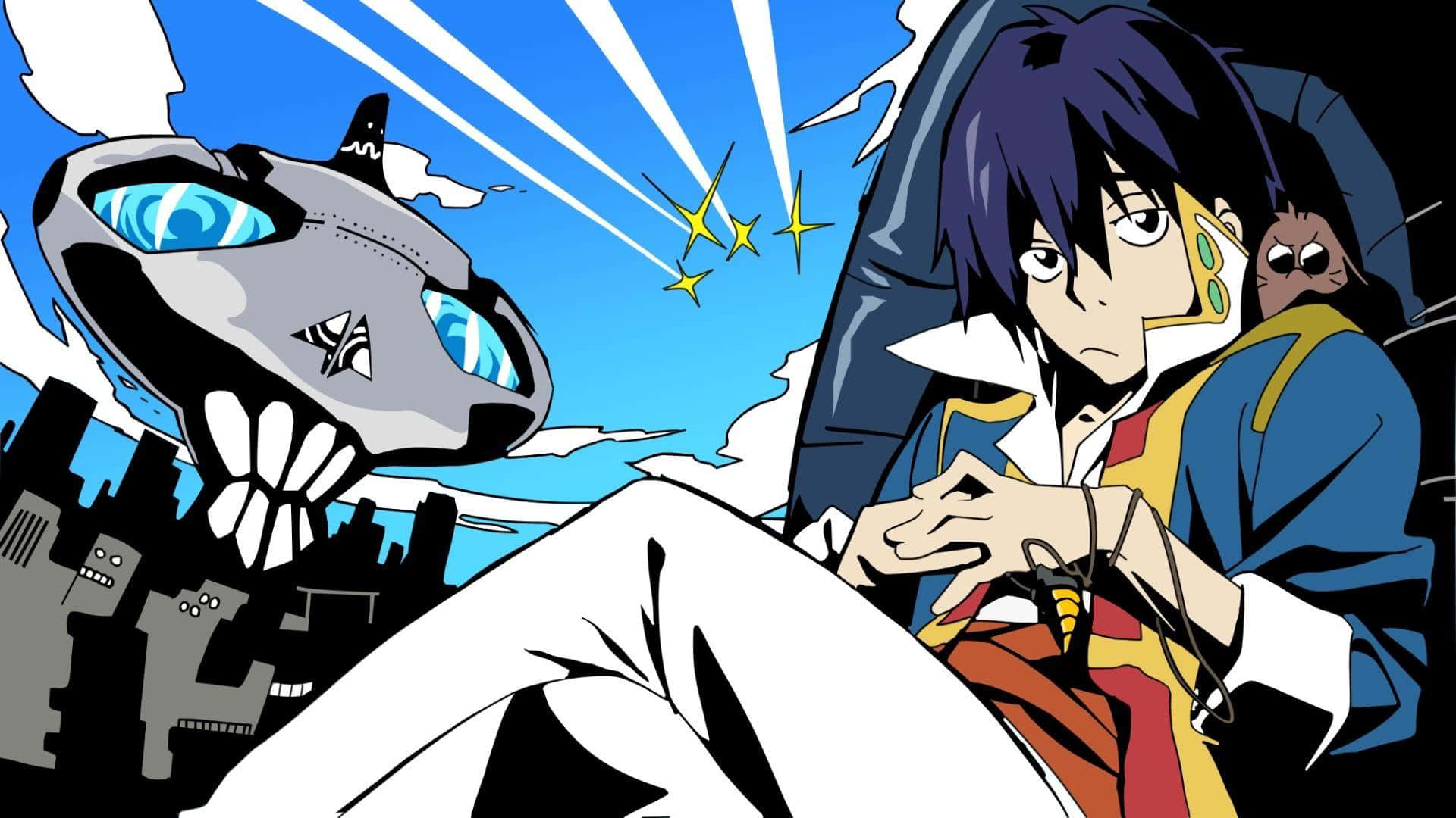 Gurren Lagann Simon 桌布 壁紙 — 一個堅定的紫髮動畫男孩，在明亮的藍天下，面對城市天際線中的巨型機械鯊魚。