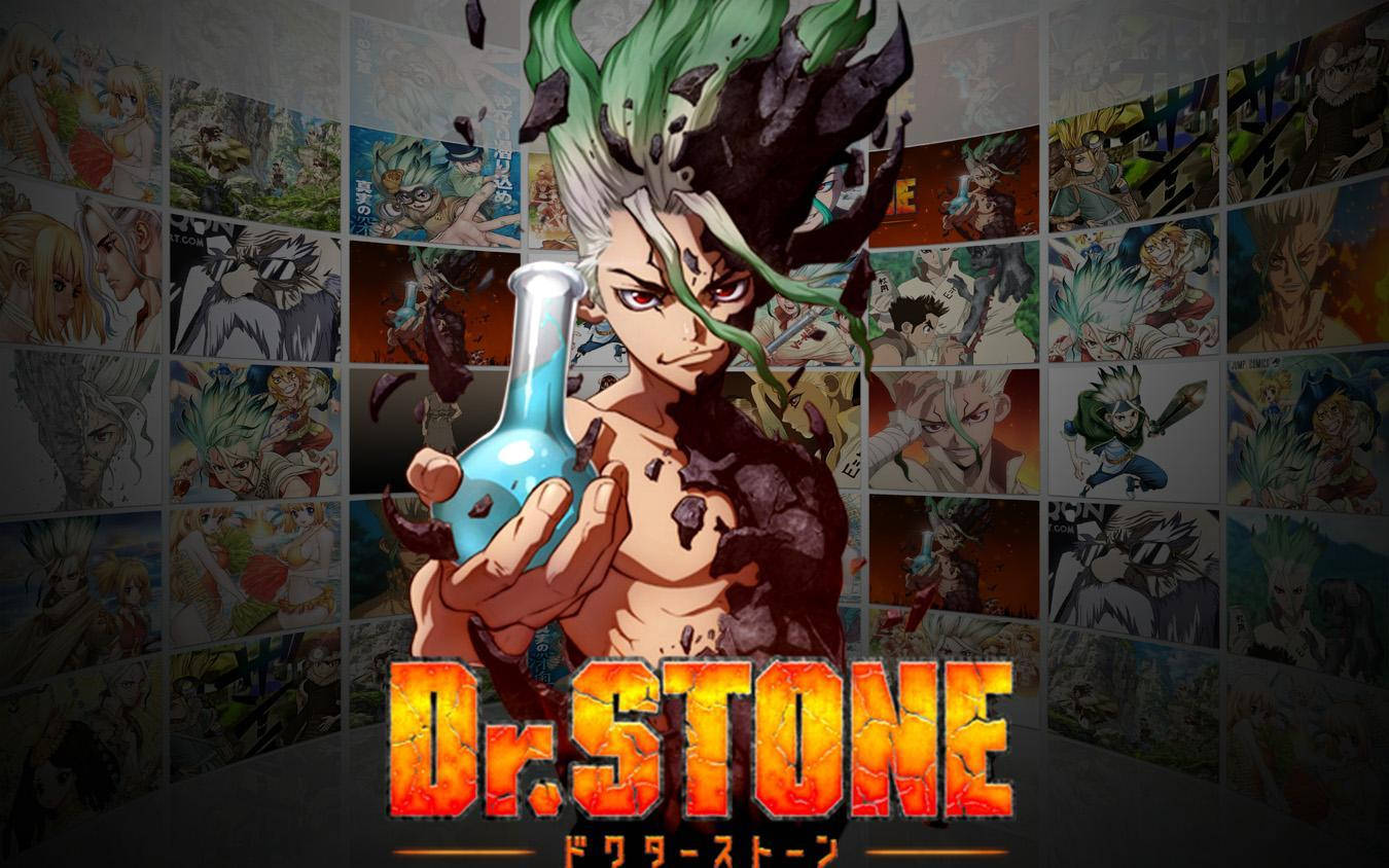 Dr Stone 桌布 壁紙 — 一個堅定的綠色頭髮動漫角色拿著發光的藍色藥水對著漫畫面板牆。