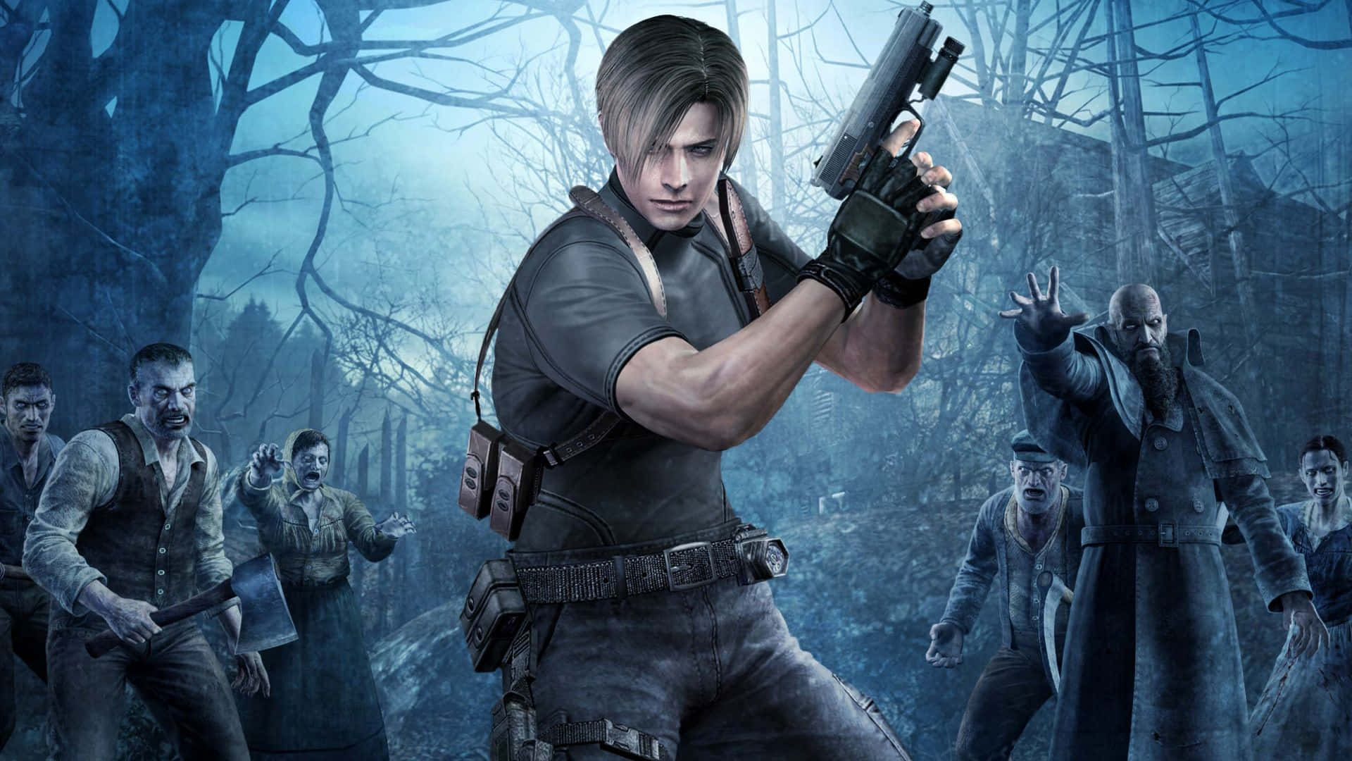 Resident Evil Characters 桌布 壁紙 — 一個堅定的英雄在寒冷霧氣籠罩的森林中，用手槍瞄準逼近的殭屍。