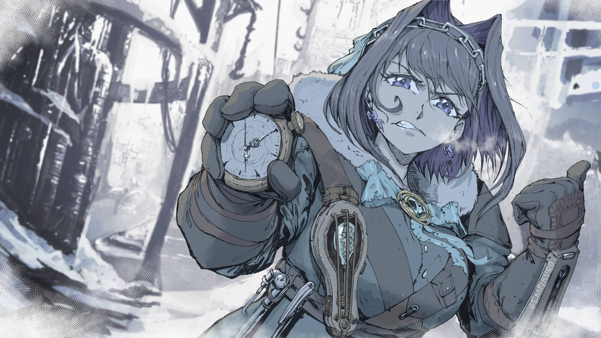 動漫女孩 桌布 壁紙 — 一個堅定的貓耳動漫女孩在雪地廢墟城市景觀中拿著指南針。