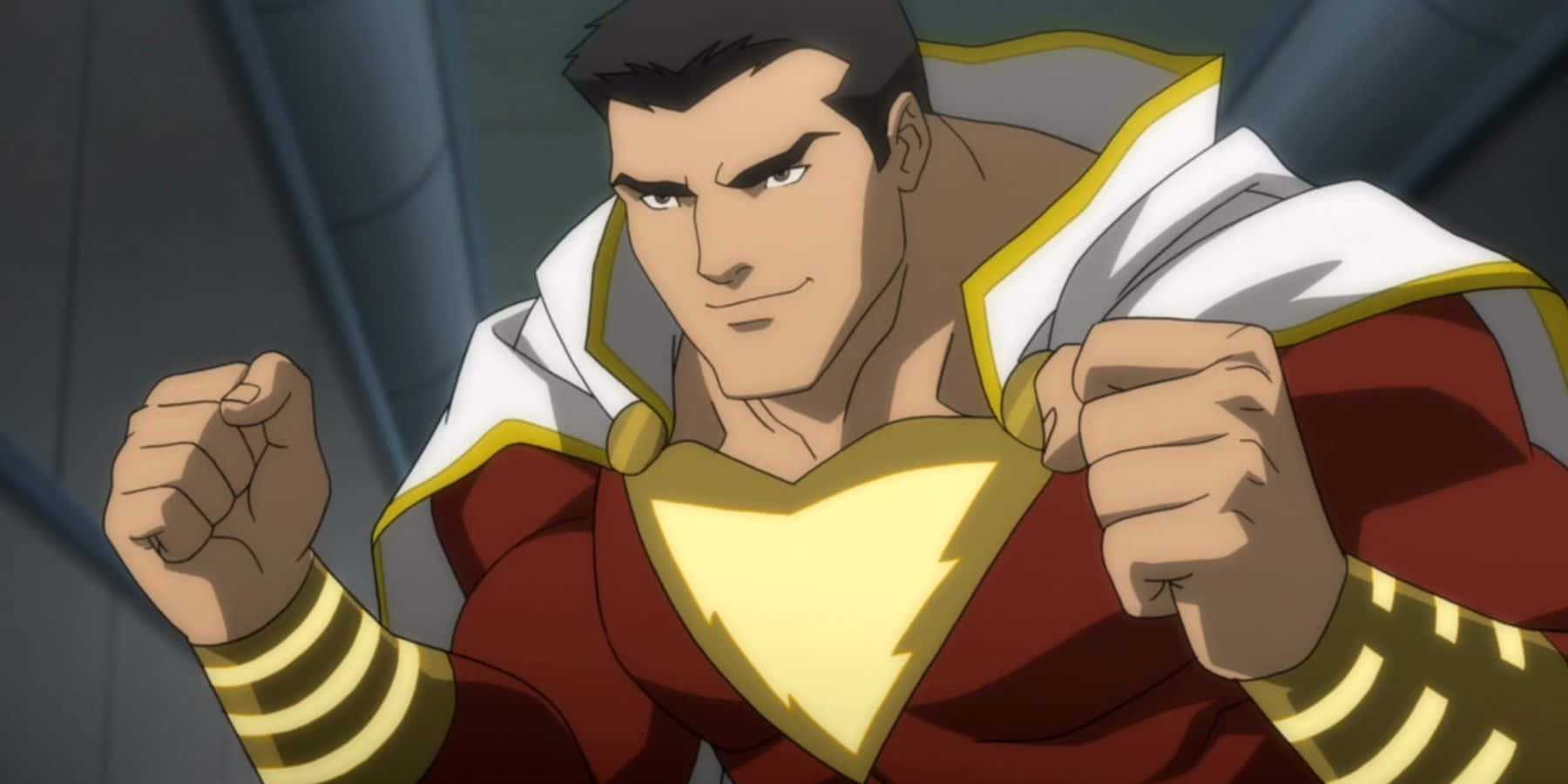 Justice League War 桌布 壁紙 — 一個堅定的超級英雄穿著紅色和金色的服裝，在黑暗的工業背景下握緊拳頭，表情兇猛。