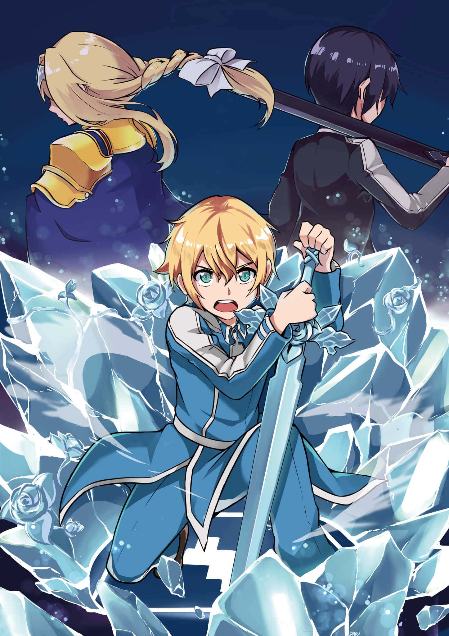 Sword Art Online Eugeo 桌布 壁紙 — 一個堅定的金髮動漫戰士在破碎的冰中握著發光的劍，兩個盟友站在他身後，在星空下。
