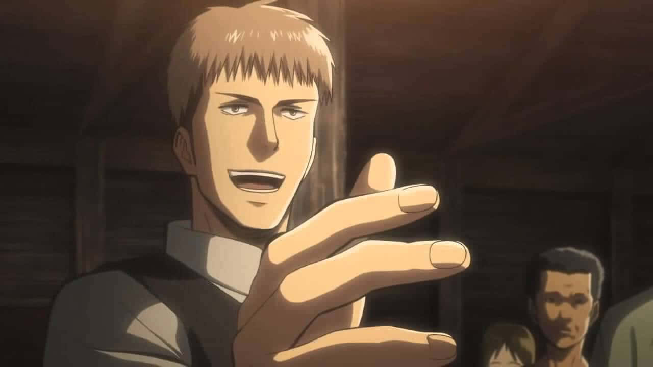 Jean Kirstein 桌布 壁紙 — 一個堅定的金髮動漫男子在昏暗的木房間中向前做手勢，背景有其他人。