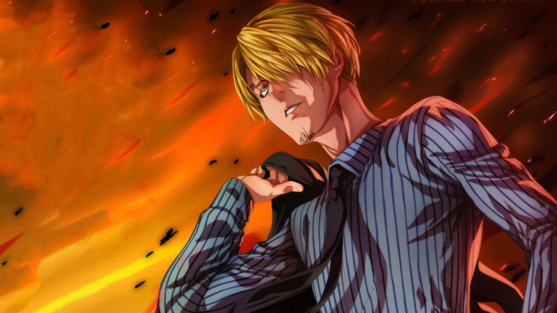 Sanji 桌布 壁紙 — 一個堅定的金髮動漫男子穿著條紋襯衫，站在火熱的橙色和紅色背景前，碎片飛揚。