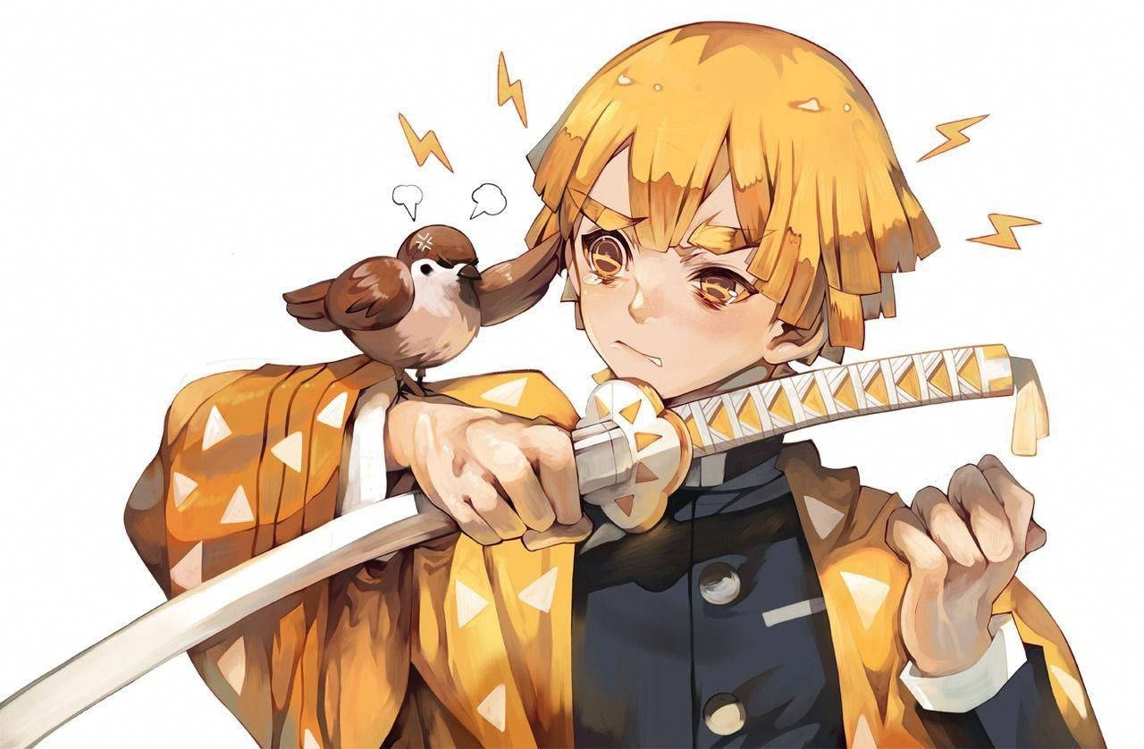 Demon Slayer Zenitsu 桌布 壁紙 — 一個堅定的金髮動漫男孩手持武士刀，一隻小鳥棲息在他的肩膀上，周圍閃電環繞。