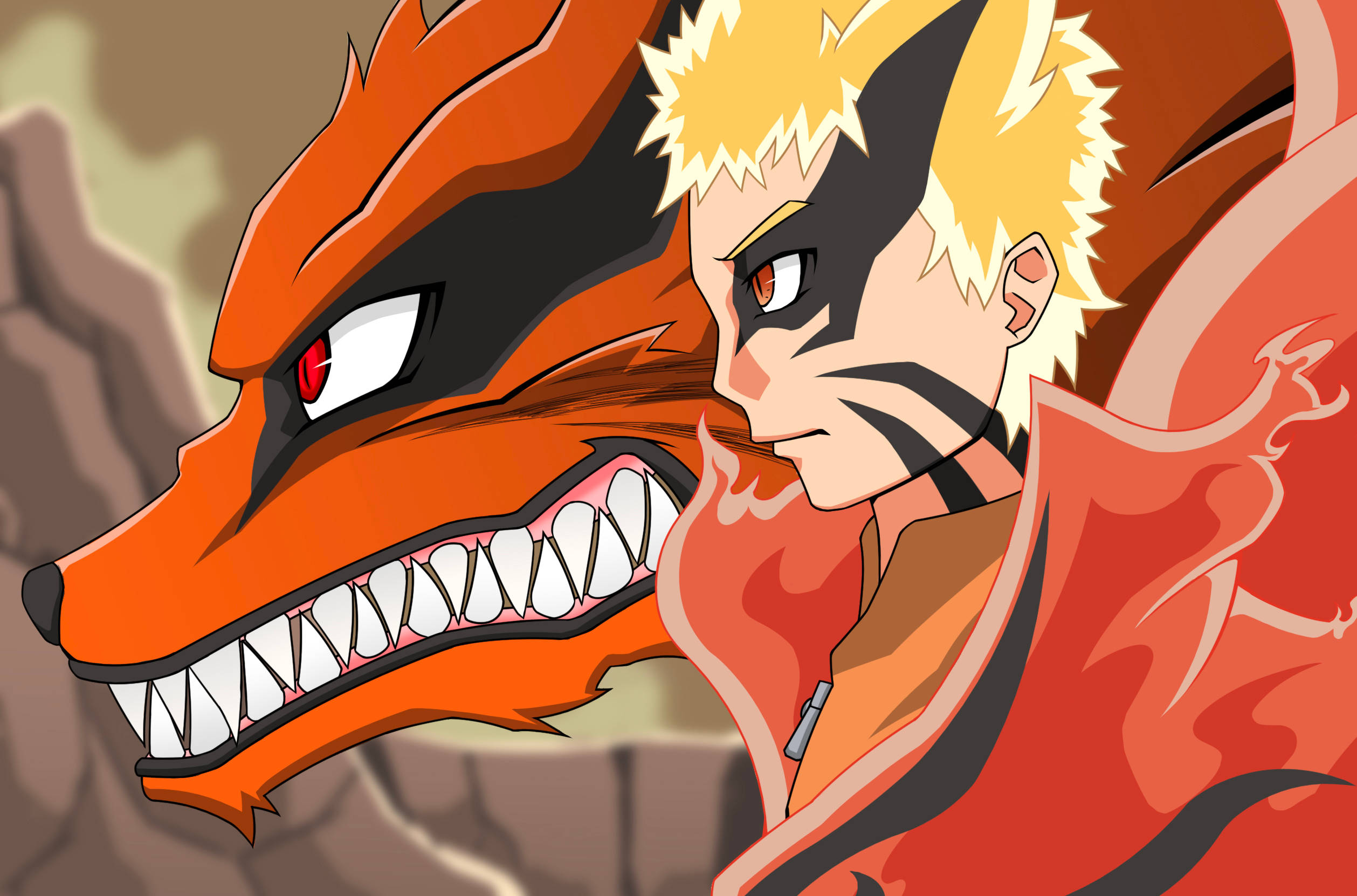 naruto poster 桌布 壁紙 — 一個堅定的金髮動漫男孩站在一隻兇猛的橙色九尾狐旁邊，狐狸有著鋒利的牙齒和發光的紅色眼睛。