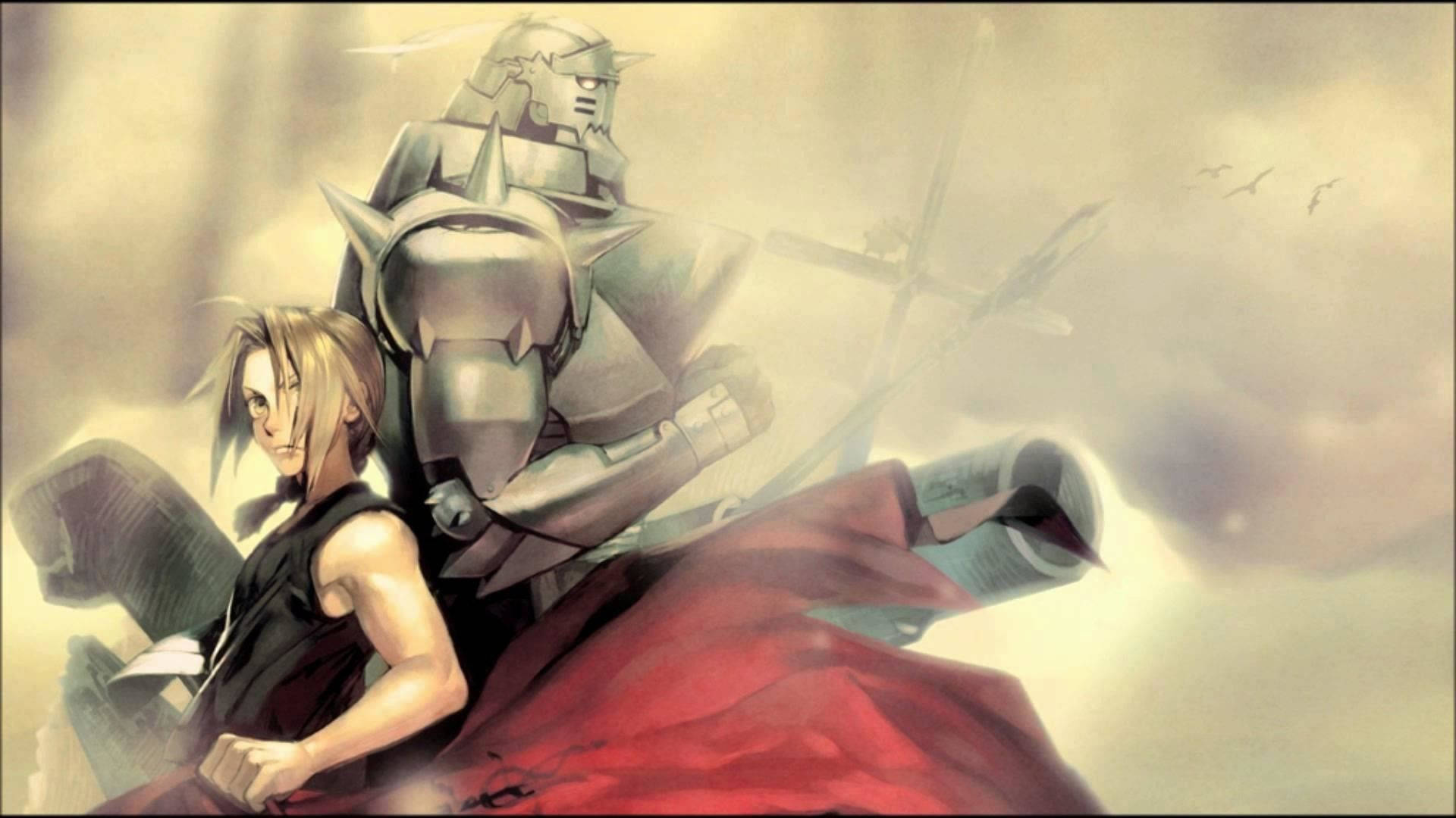 brotherhood 桌布 壁紙 — 一個堅定的金髮年輕男子站在一個高聳的裝甲自動機旁邊，背景是朦朧的戰場。