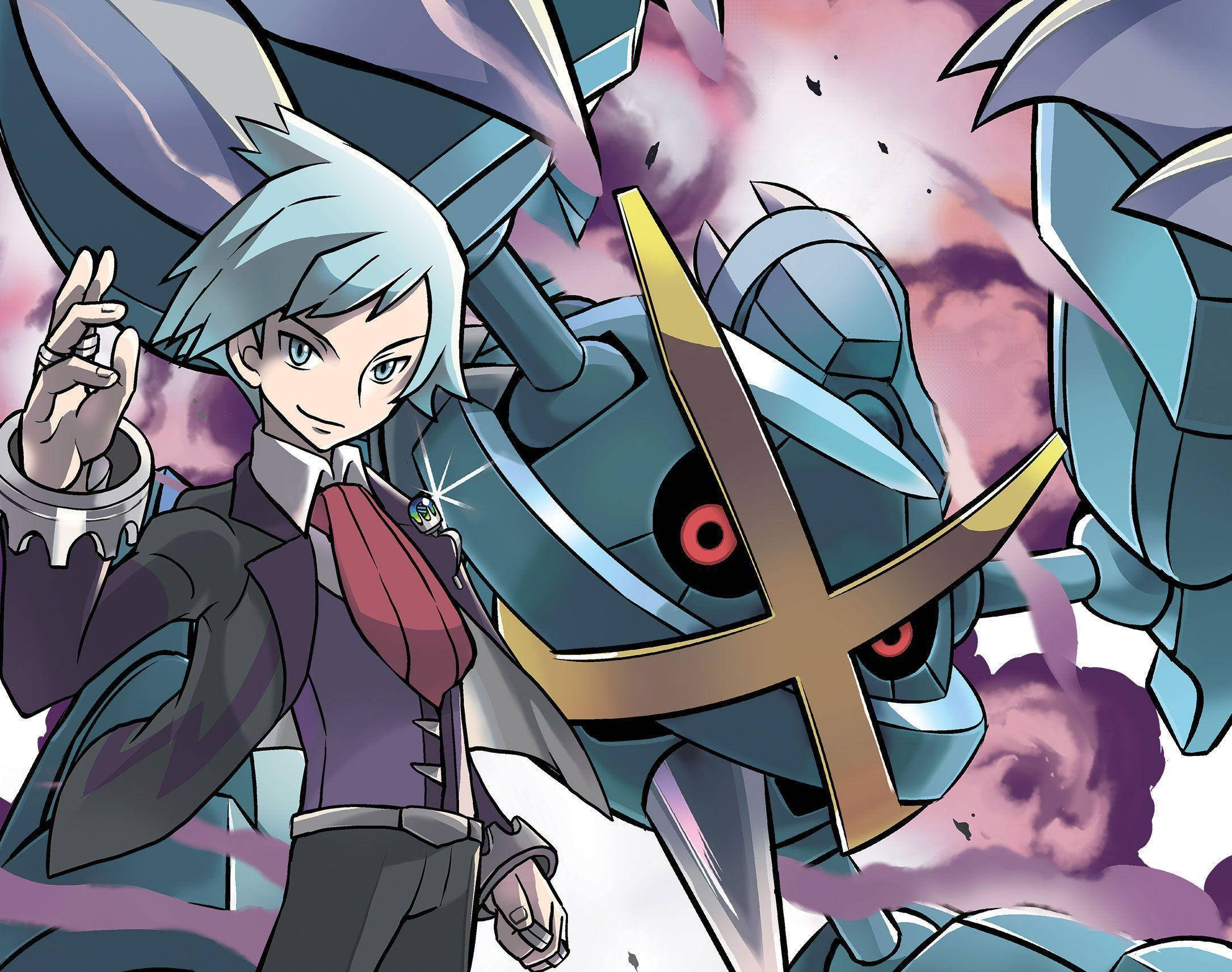 Metagross 桌布 壁紙 — 一個堅定的銀髮動漫男孩自信地站在一隻擁有發光紅眼的大型機械寶可夢旁邊，背景是旋轉的紫色天空。