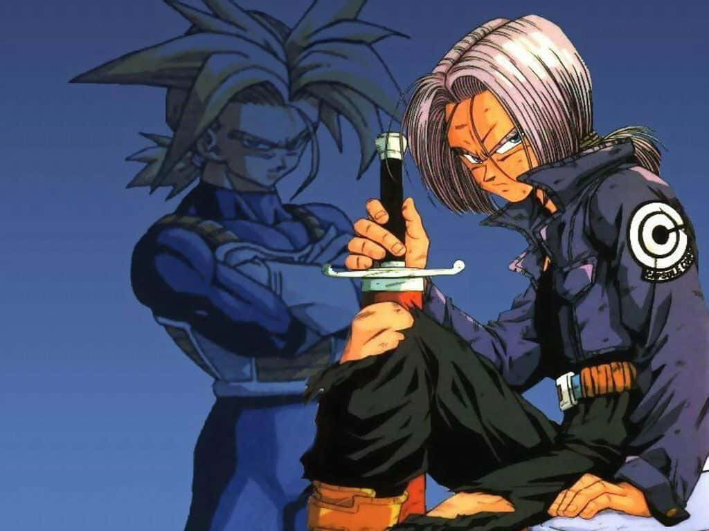 Trunks 桌布 壁紙 — 一個堅定的銀髮動漫角色手持劍，身後站著一個藍色調的尖刺頭髮人物，背景為純藍色。