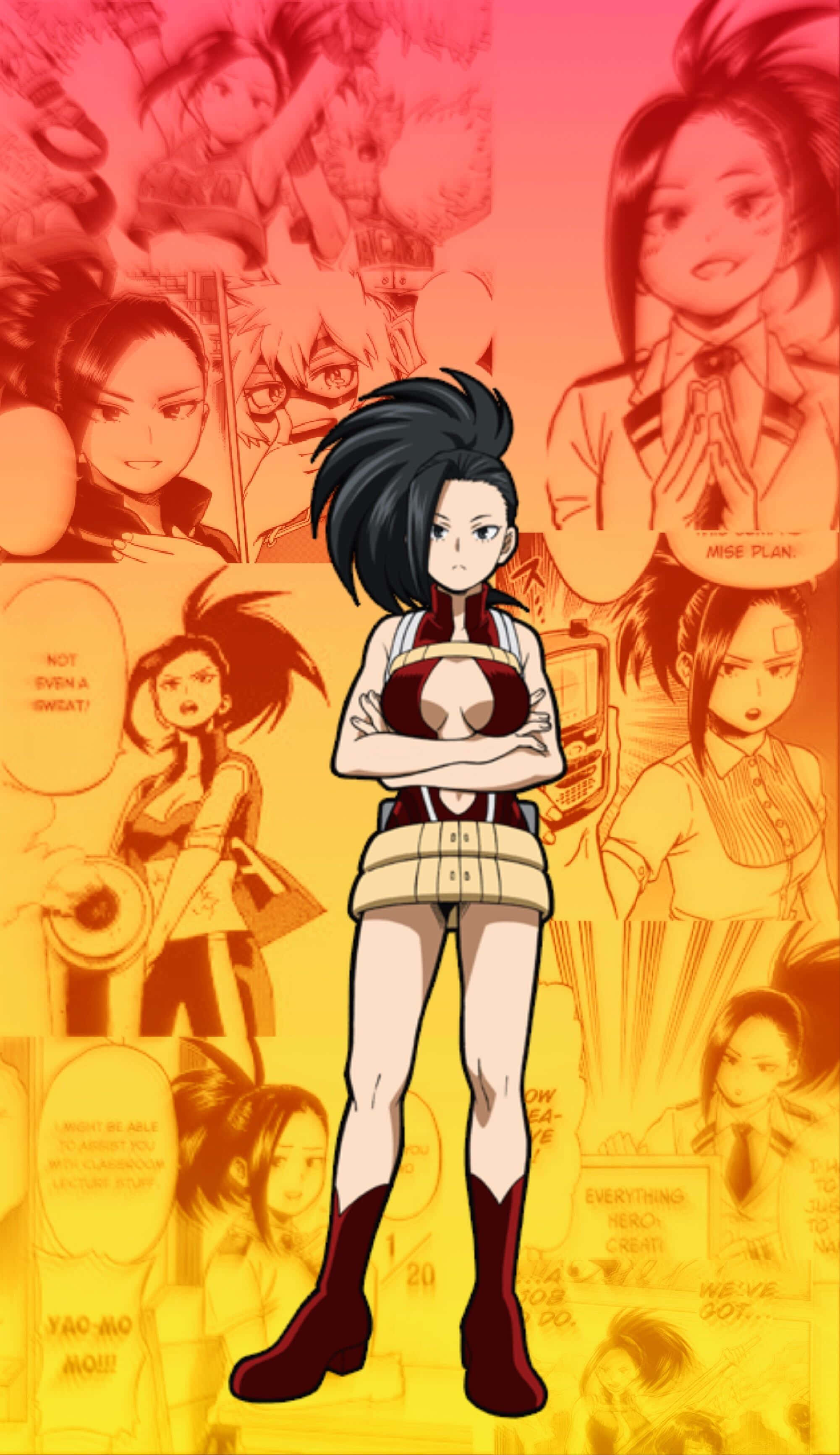 Momo Yaoyorozu 桌布 壁紙 — 一個堅定的黑髮動漫女孩，雙臂交叉，站在充滿活力的漫畫面板背景前。