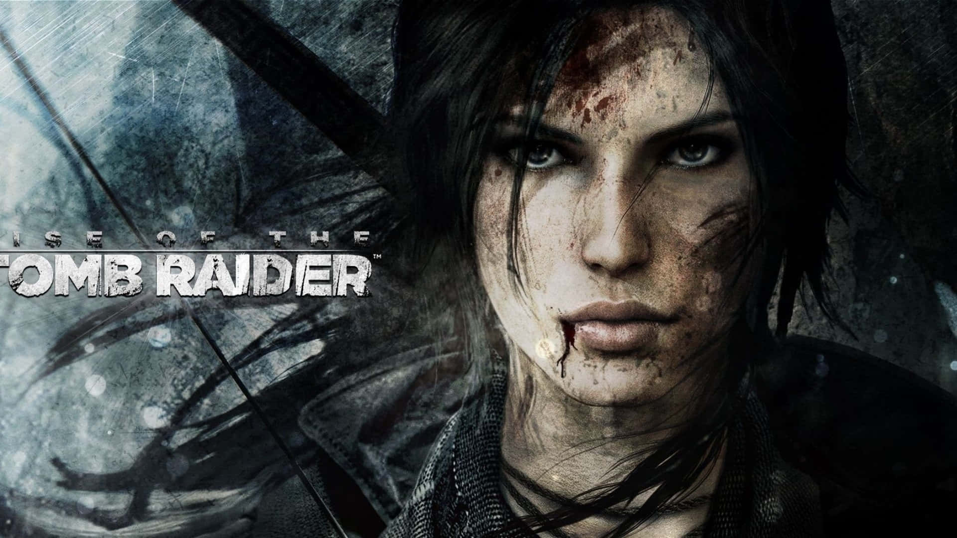 Lara Croft 桌布 壁紙 — 一個堅決的 Tomb Raider 的近距離特寫，臉上帶血，背景是黑暗的風暴。