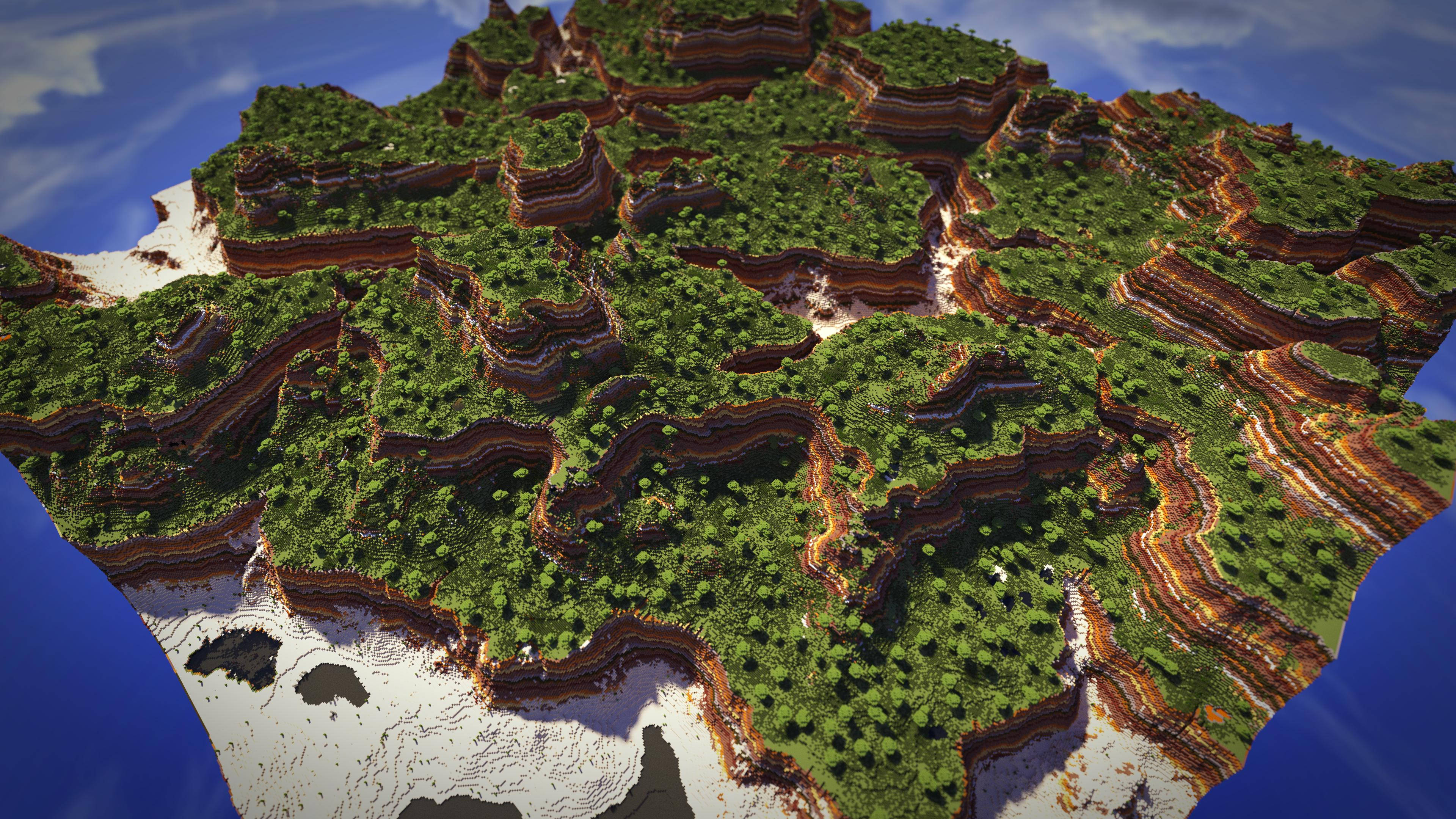4K Minecraft 壁紙 桌布 壁紙 — 一個塊狀山島的空中景觀，擁有層層疊疊的大地色調和茂密的綠色森林，被海洋環繞。