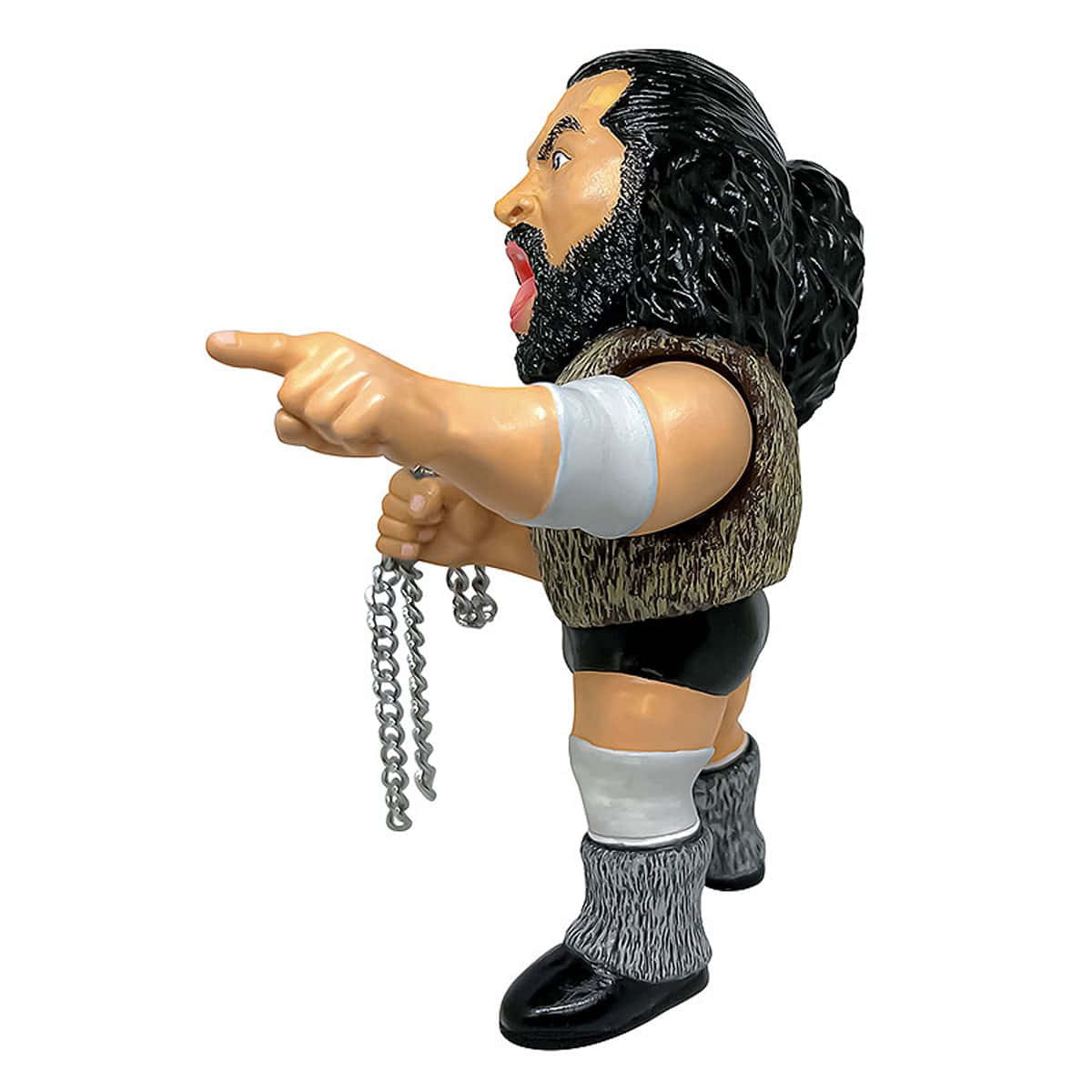 WWE 桌布 壁紙 — 一個塑膠摔角手動作人偶，長長的黑髮和鬍鬚，手持鏈條向前指。
