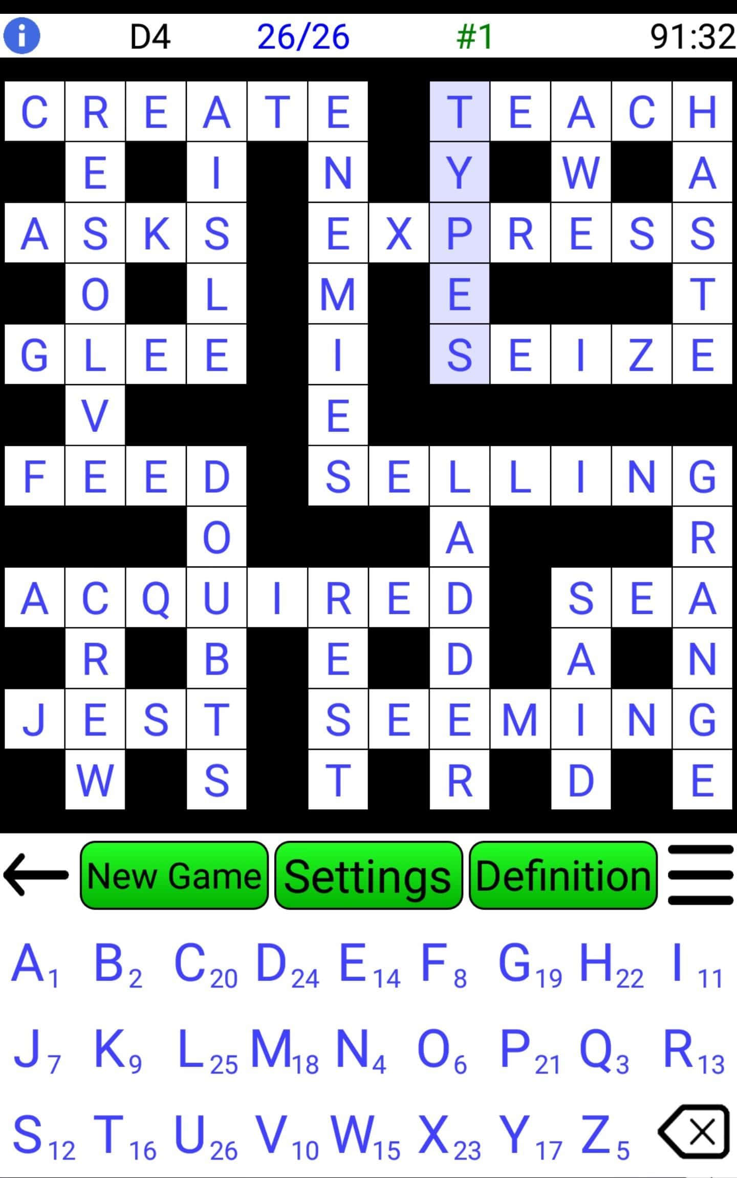 Word 桌布 壁紙 — 一個填字遊戲畫面，黑色背景上白色瓷磚帶有藍色字母，顯示已完成的單詞如CREATE TEACH，以及新遊戲設定的選項。