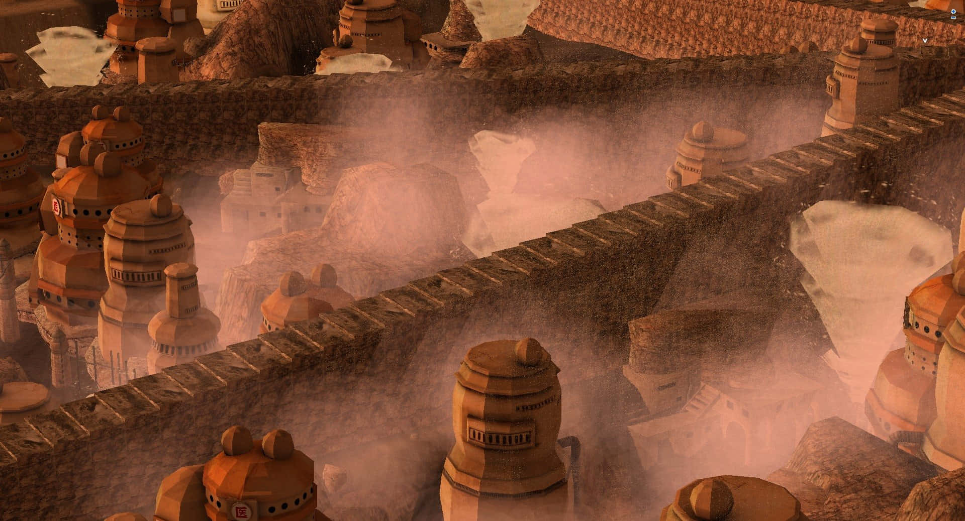 Hidden Sand Village 桌布 壁紙 — 一個塵土飛揚的沙漠城市景觀，有赤陶塔樓和石牆，在溫暖的金色光芒下籠罩在薄霧中。
