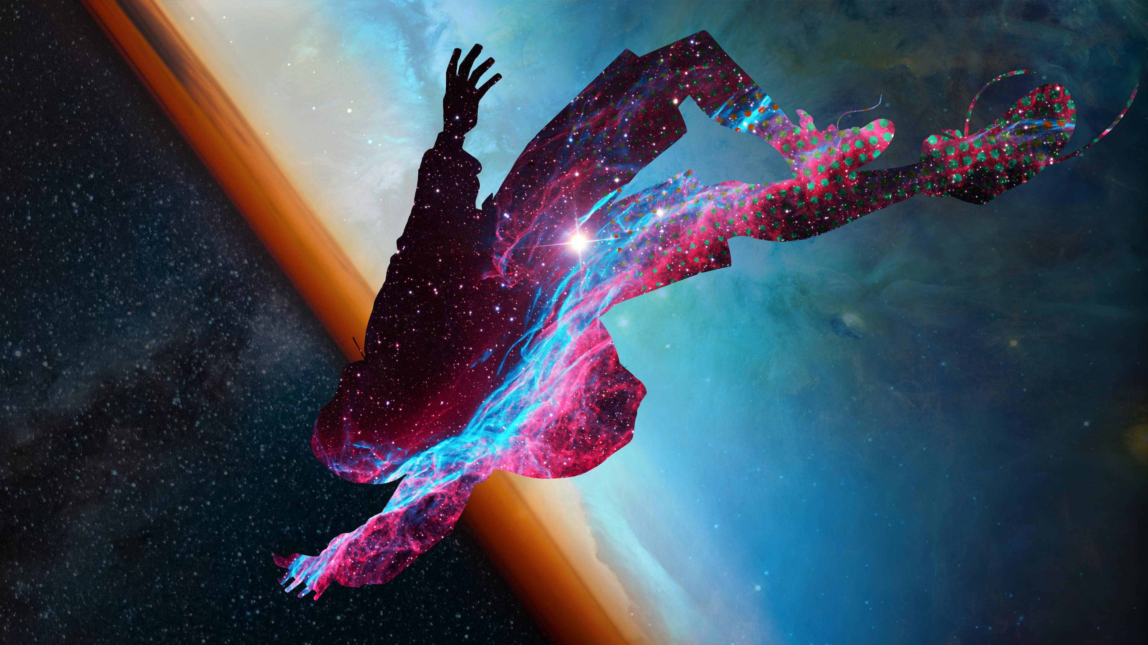 蜘蛛人：新宇宙 桌布 壁紙 — 一個墜落的人影在繁星點點的太空背景下溶解成充滿活力的粉紅色和藍色星雲的宇宙剪影。