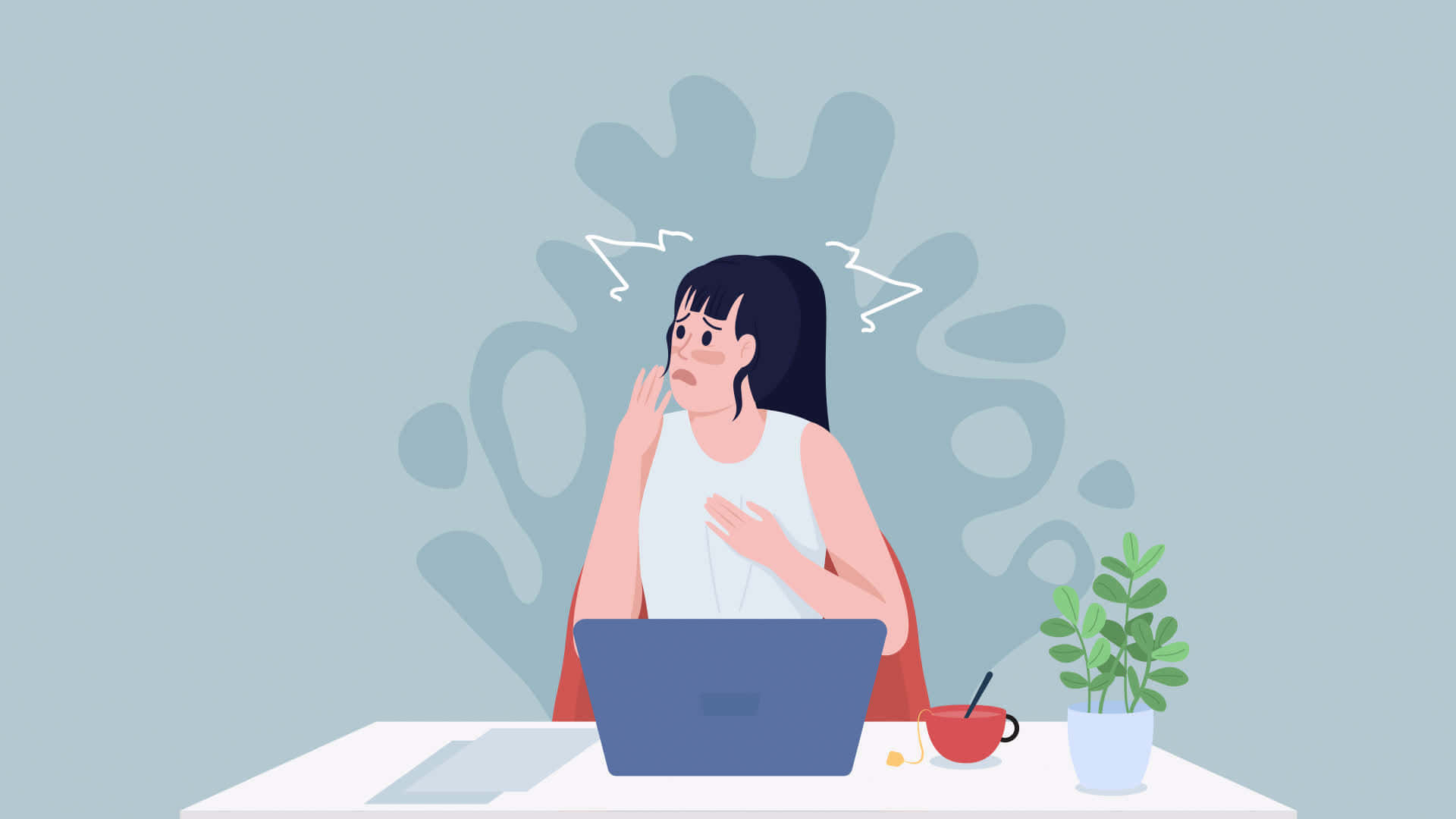 stressed 桌布 壁紙 — 一個壓力大的女人坐在辦公桌前，拿著筆記型電腦，抓著胸口和臉，問號在她頭頂旋轉。