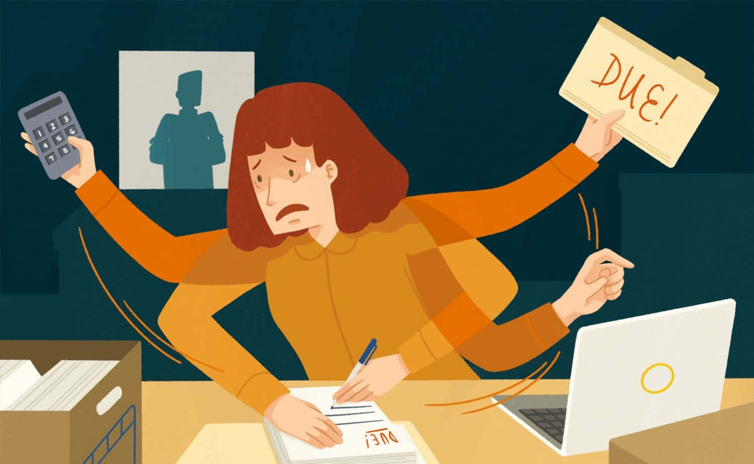 Work 桌布 壁紙 — 一個壓力大的女人用多隻手臂同時處理計算機、文件夾和手提電腦，並在辦公桌前瘋狂地寫字。