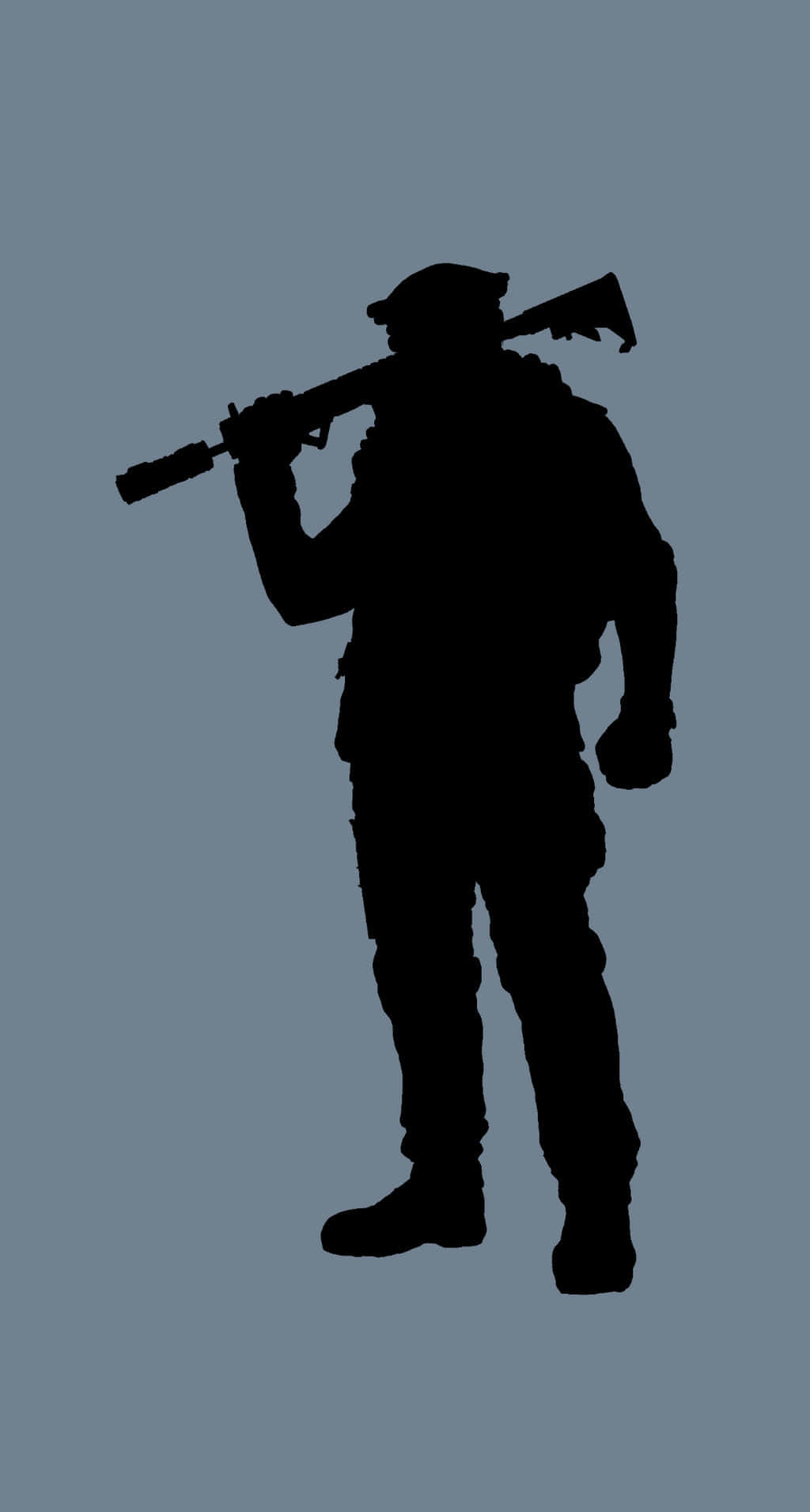 Rainbow Six Siege Maverick 桌布 壁紙 — 一個士兵手持步槍的鮮明黑色剪影，背景為柔和的藍灰色。