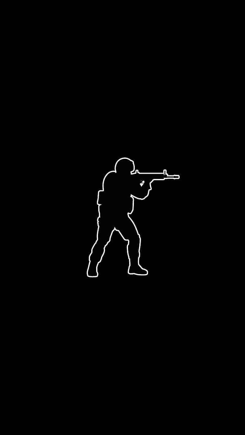 白色 桌布 壁紙 — 一個士兵瞄準步槍的清晰白色輪廓，背景為純黑色。
