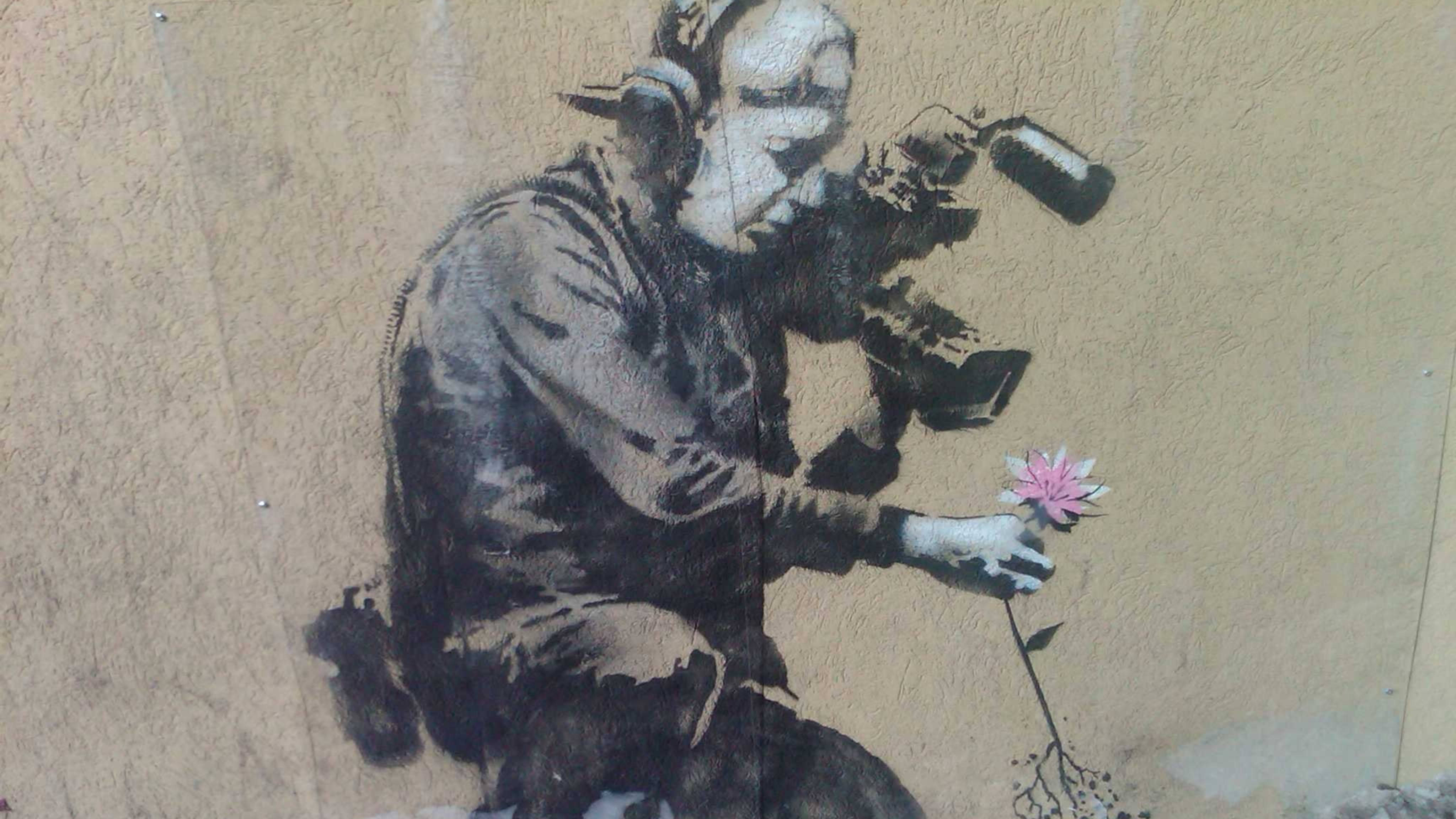 Banksy 桌布 壁紙 — 一個士兵穿著戰鬥裝備跪著並向米色牆壁獻上一朵粉紅色花朵的模板塗鴉。