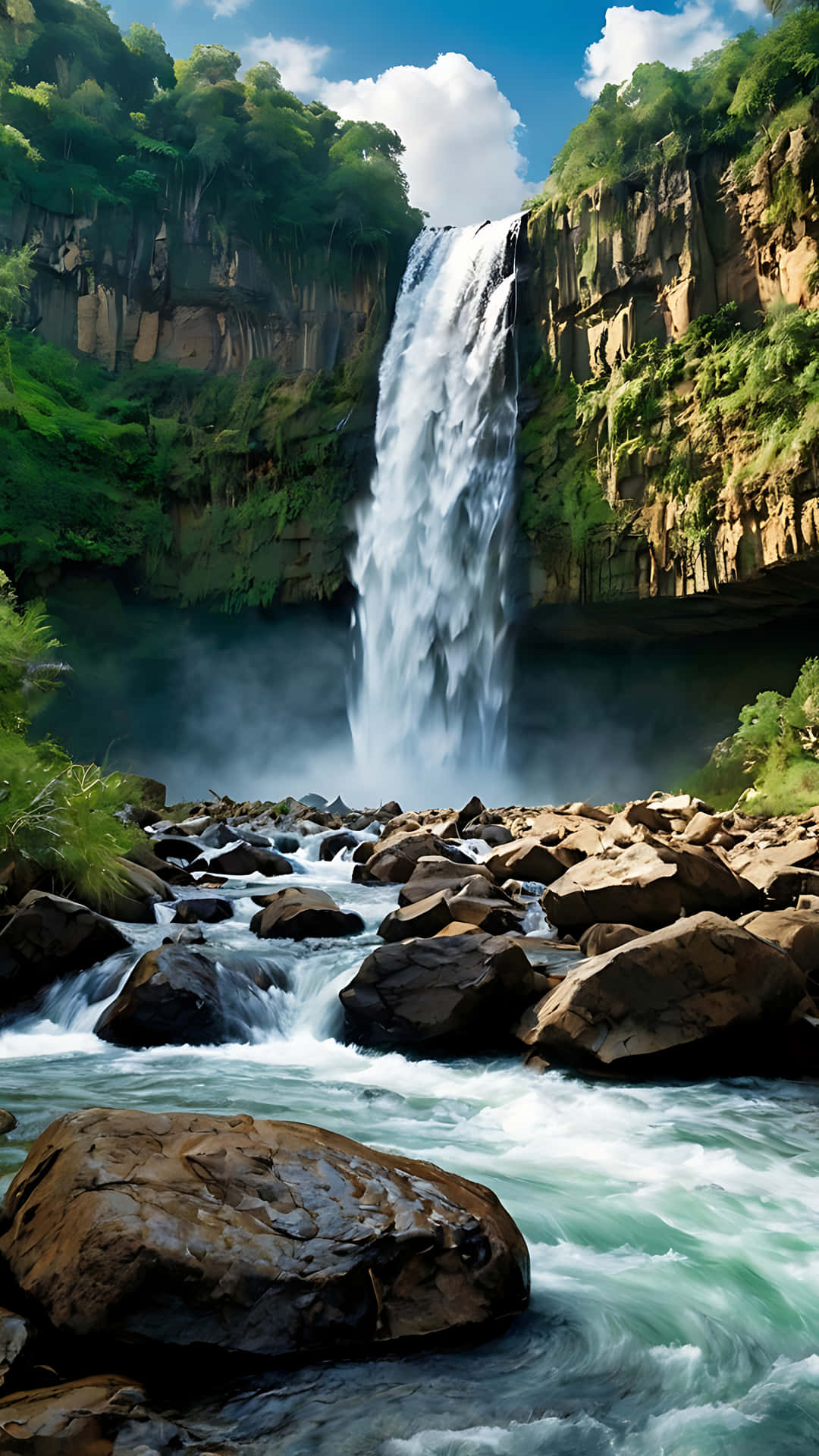 Majestic Waterfall Adventure Under Open Skies. smartphone wallpaper 壁紙 — 一個壯麗的瀑布從長滿苔蘚的懸崖上傾瀉而下，流入下方湍急的河流，周圍是茂密的綠植，上方是明亮的藍天。