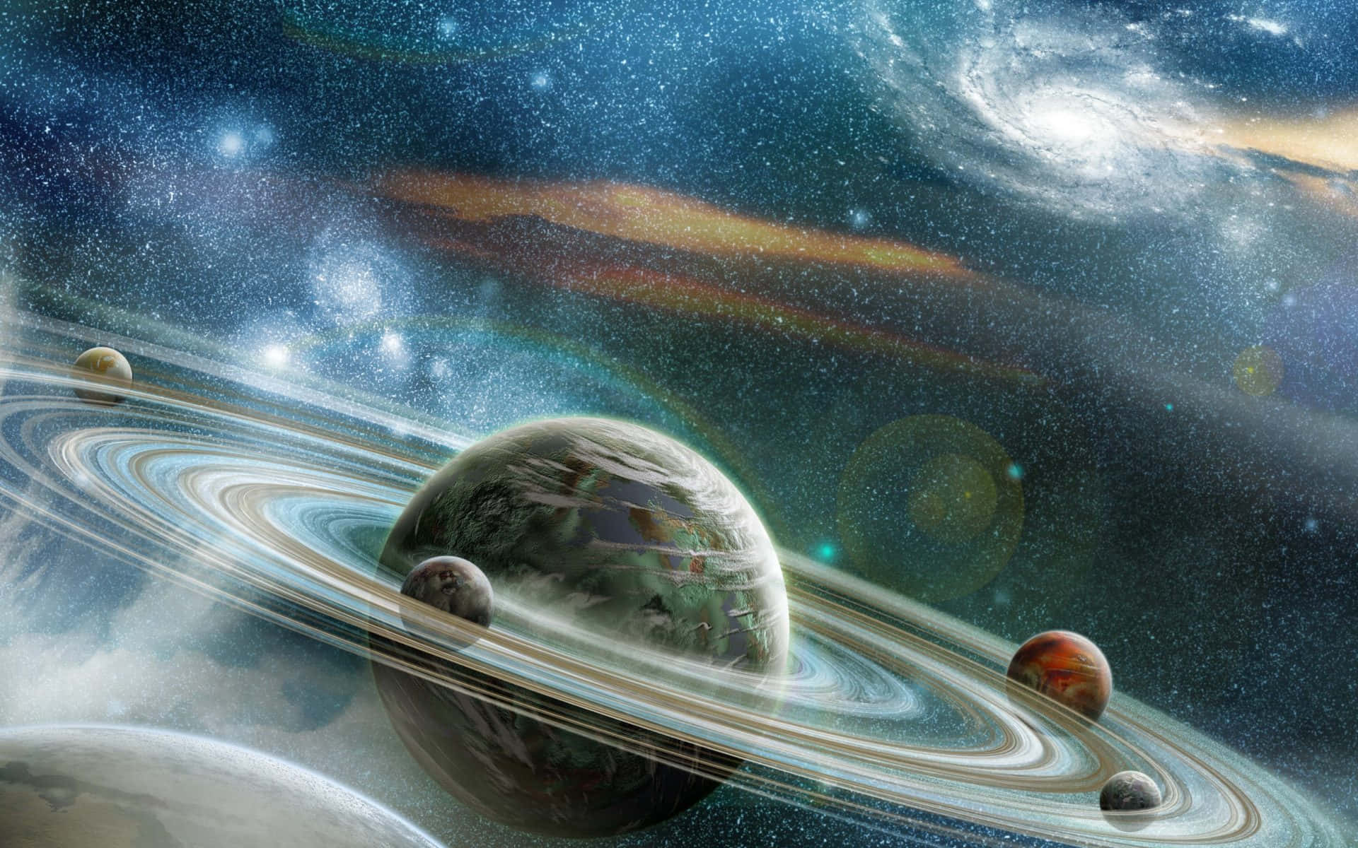 桌布 壁紙 — 一個壯麗的環狀行星，帶有旋轉的雲層，主宰著一個充滿遙遠星系和軌道衛星的宇宙場景，背景是星空。