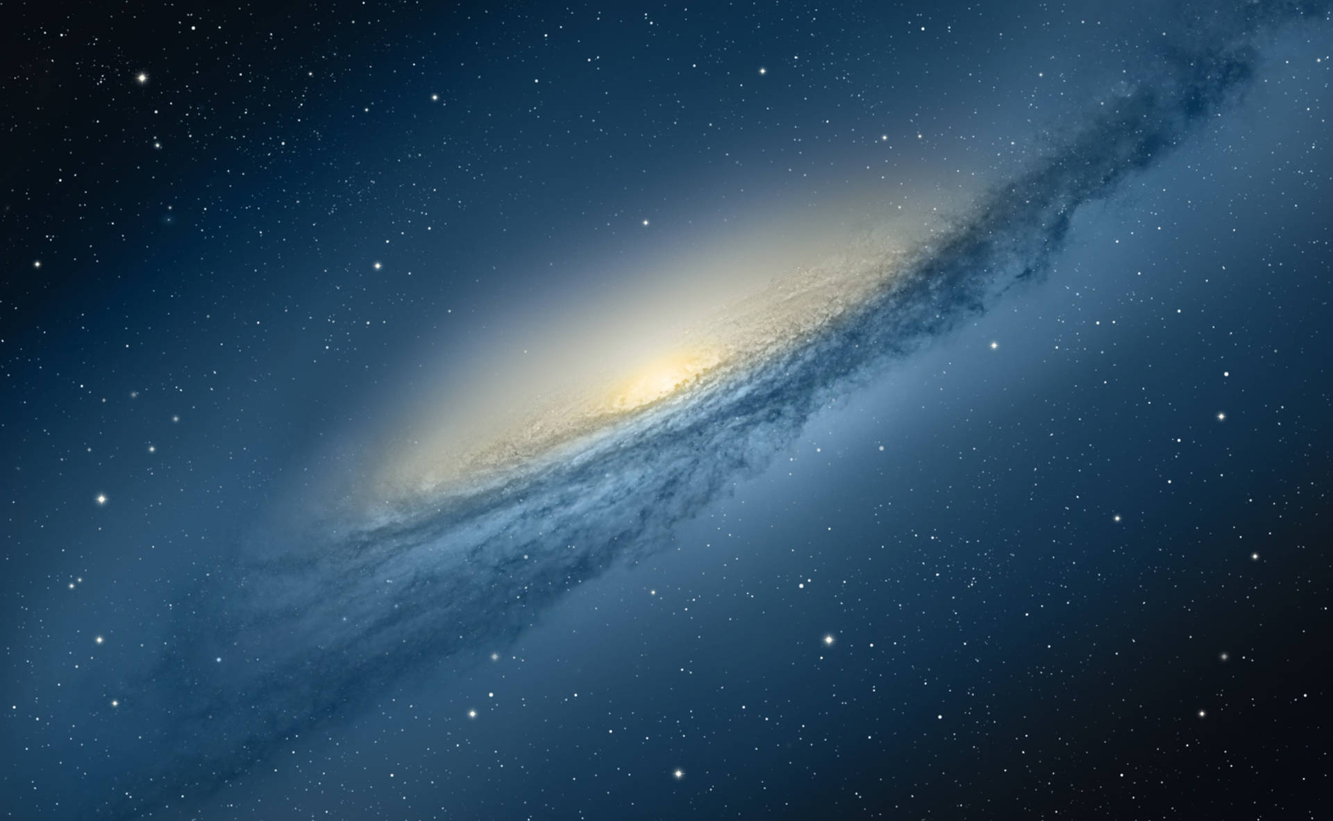 Stars 桌布 壁紙 — 一個壯麗的螺旋星系，金色核心和旋轉的藍色旋臂在星空中閃耀。