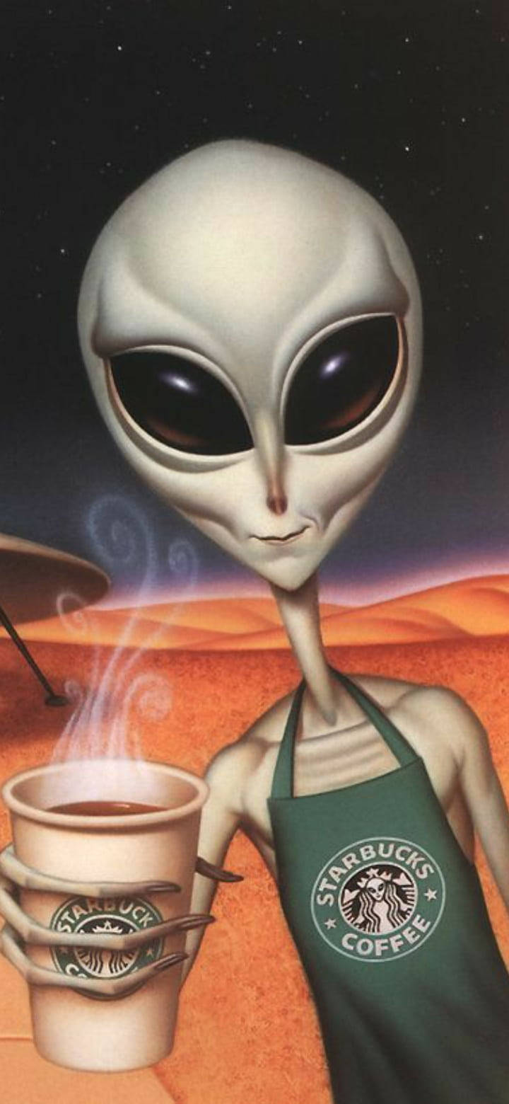 外星人穿著星巴克圍裙在沙漠中星空下拿著咖啡杯 — 咖啡動圖 壁紙
