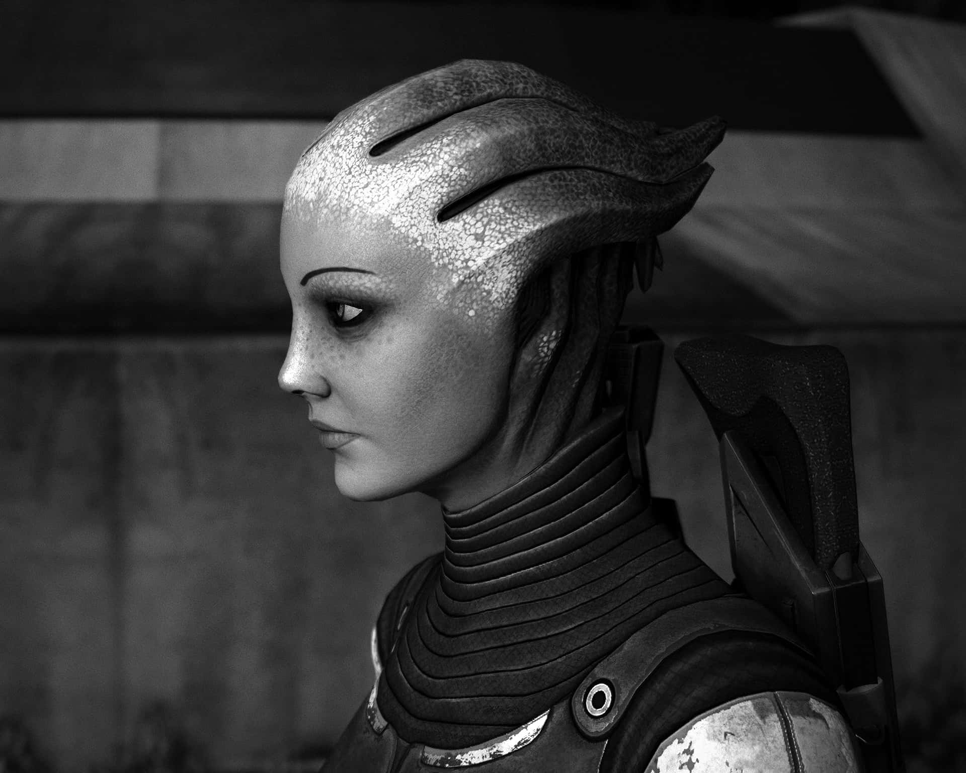 Liara T'soni 桌布 壁紙 — 一個外星戰士的單色肖像，身穿精細盔甲，皮膚有紋理，頭部有稜角脊線。