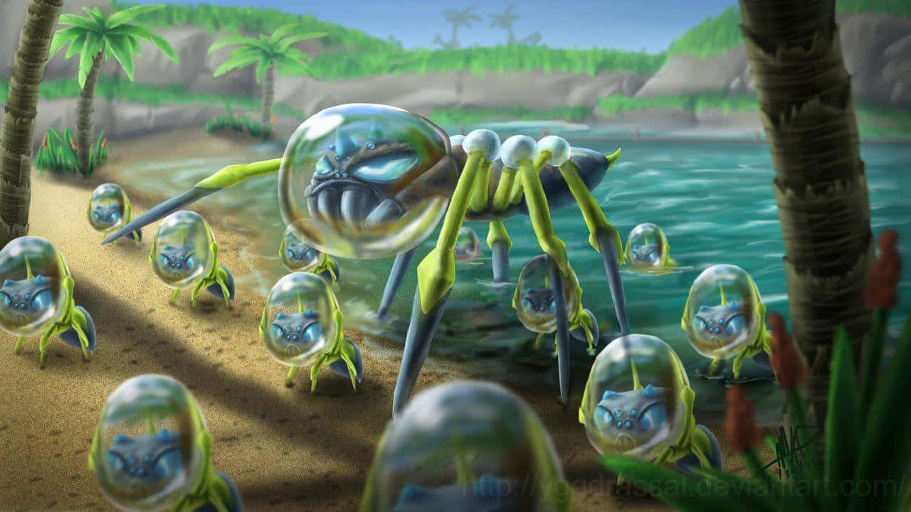 寶可夢 桌布 壁紙 — 一個外星蜘蛛生物家族，帶有玻璃圓頂和綠色肢體，聚集在熱帶海岸線附近。