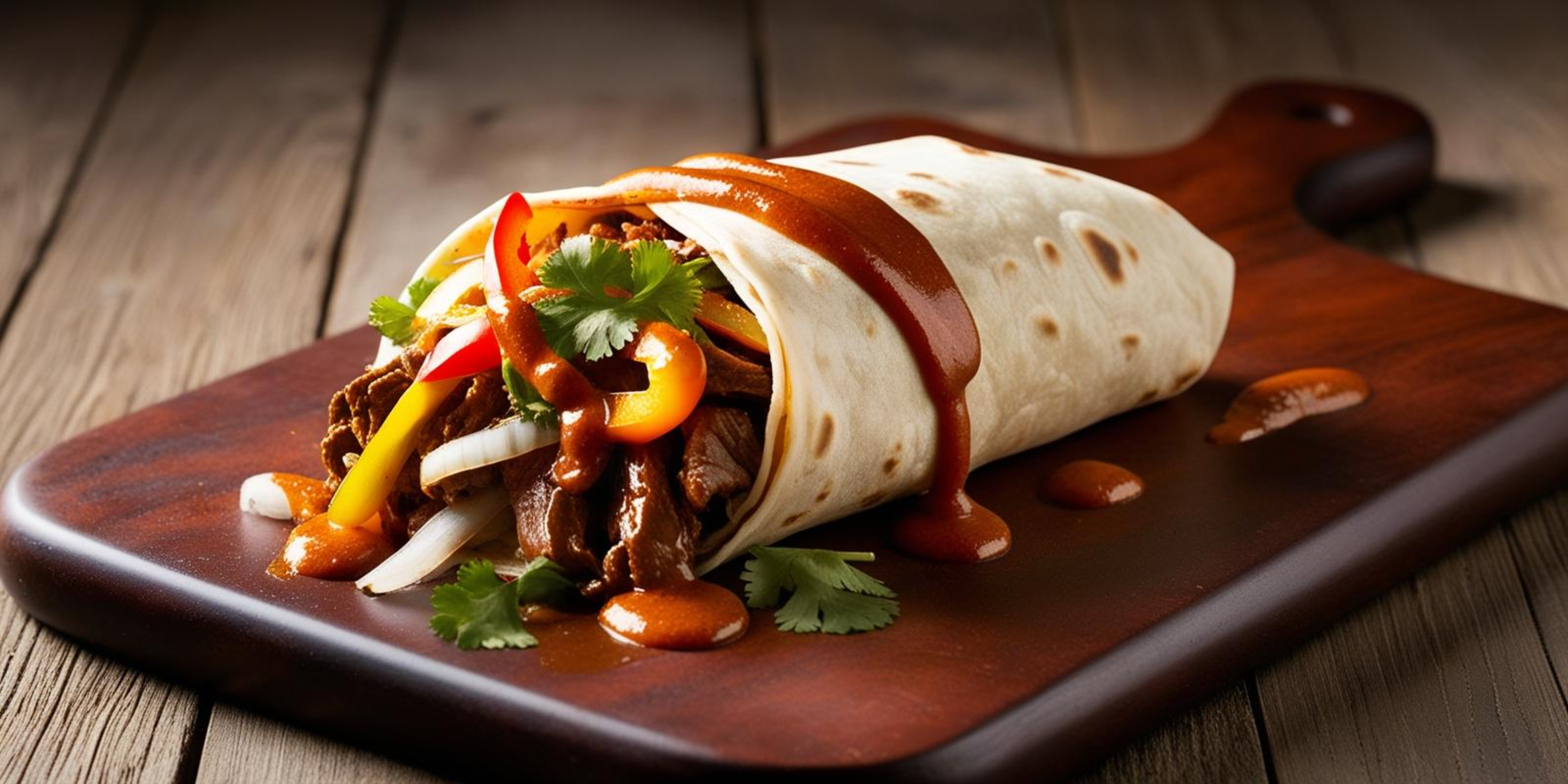 Shawarma 桌布 壁紙 — 一個多汁的墨西哥捲餅，內有撕碎的肉、甜椒、洋蔥和香菜，淋上紅醬，放在深色木砧板上。