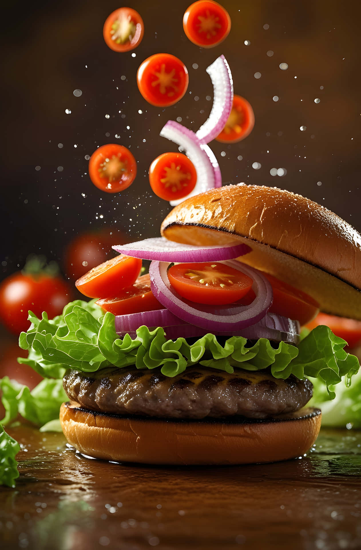 Floating Burger Art 壁紙 — 一個多汁的漢堡，搭配新鮮生菜、番茄和洋蔥片，在深色鄉村風格背景前懸浮在空中。