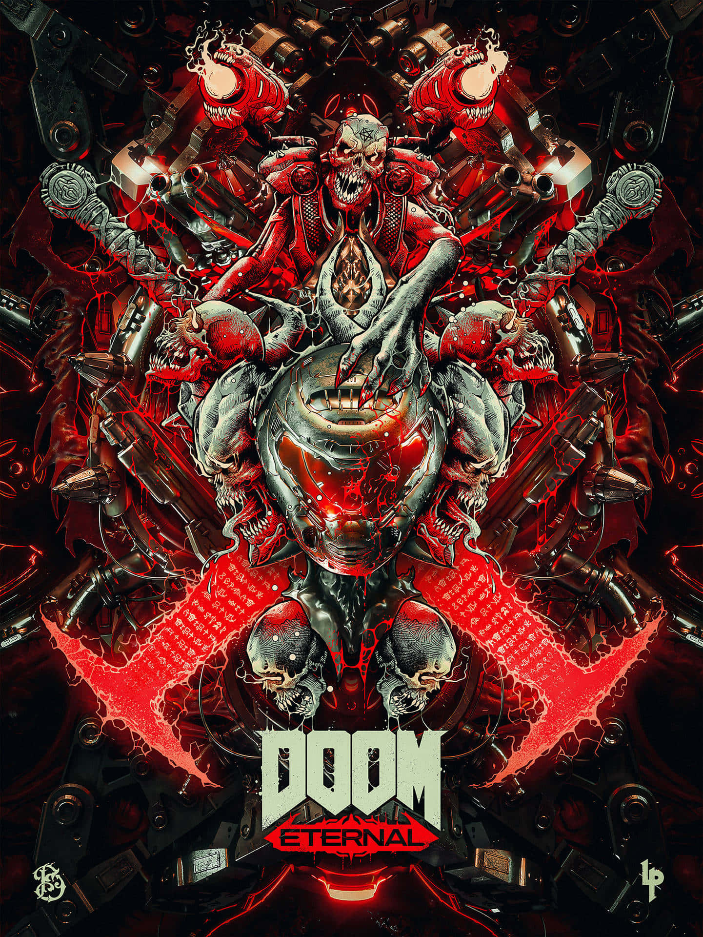 Pixel 3xl Doom 桌布 壁紙 — 一個多臂多顱的可怕惡魔形象從機械地獄中浮現，在暗色金屬襯托下發出紅色光芒。
