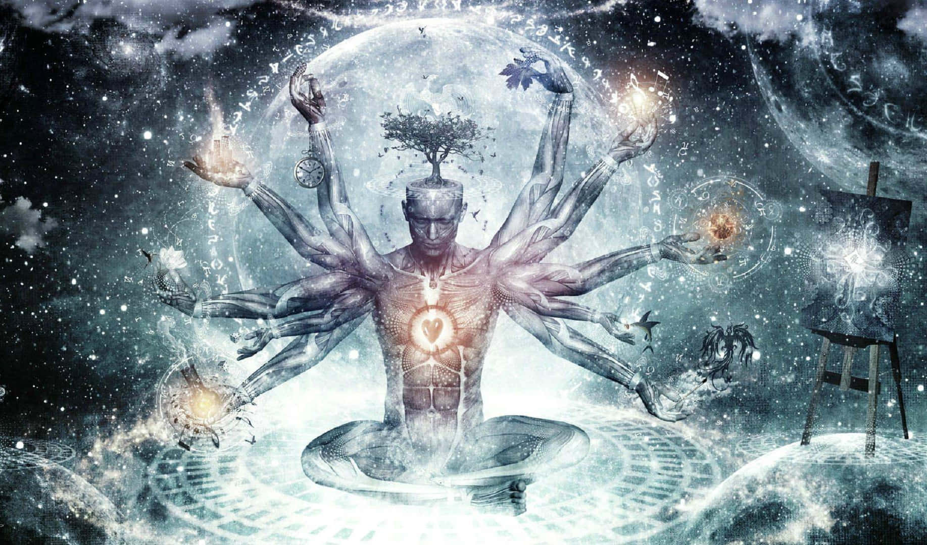 chakra 桌布 壁紙 — 一個多臂的人物在發光的月亮下冥想，頭頂長出一棵樹，周圍環繞著宇宙符號和漂浮的球體。