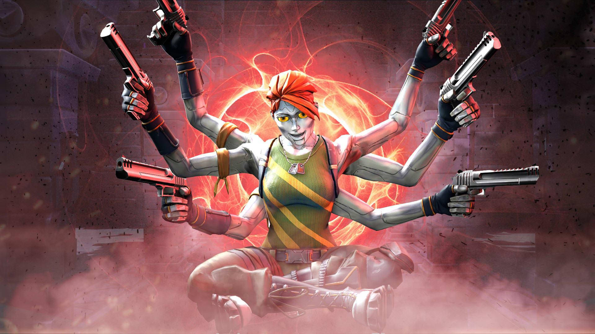 Fortnite 縮圖 桌布 壁紙 — 一個多臂的動漫戰士，眼睛發光，手持六把手槍，背景是火紅和橙色的能量。