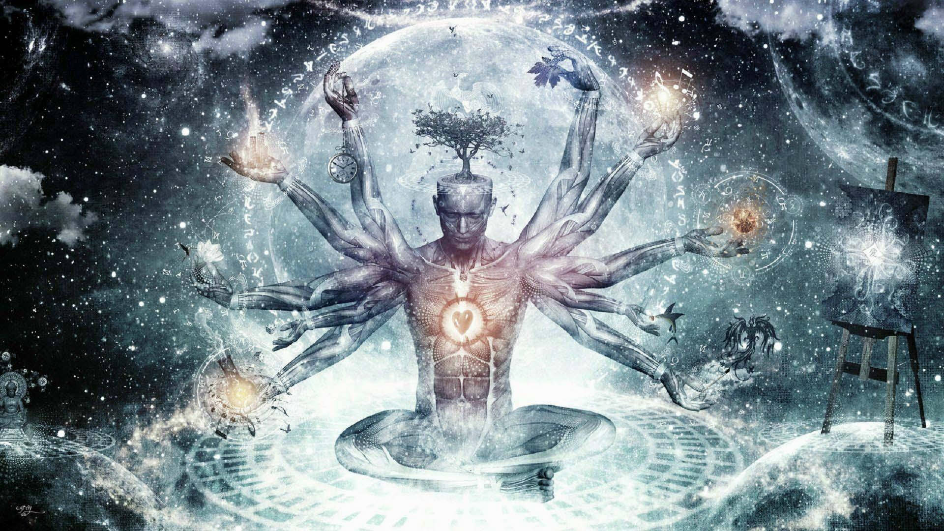 chakra 桌布 壁紙 — 一個多臂的宇宙人物在冥想，頭部長出一棵樹，周圍環繞著星星和神秘符號。